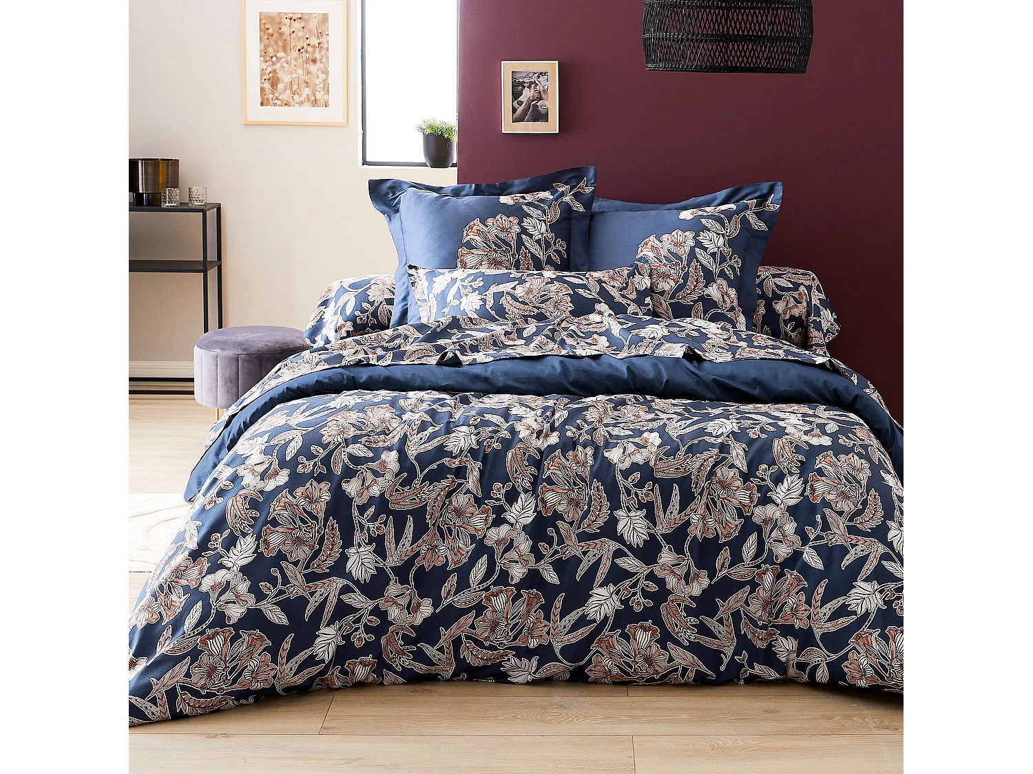 Taie de traversin 240x43 cm satin de coton BOTANIC bleu Nuit