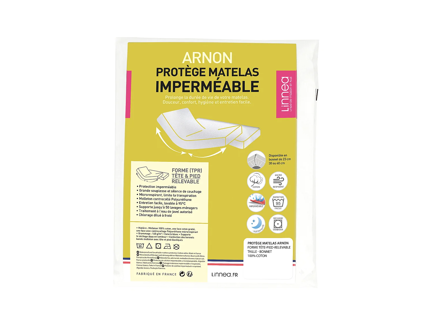 Protège matelas imperméable 2x100x220 cm lit articulé TPR bonnet 40cm ARNON molleton coton contrecollé polyuréthane