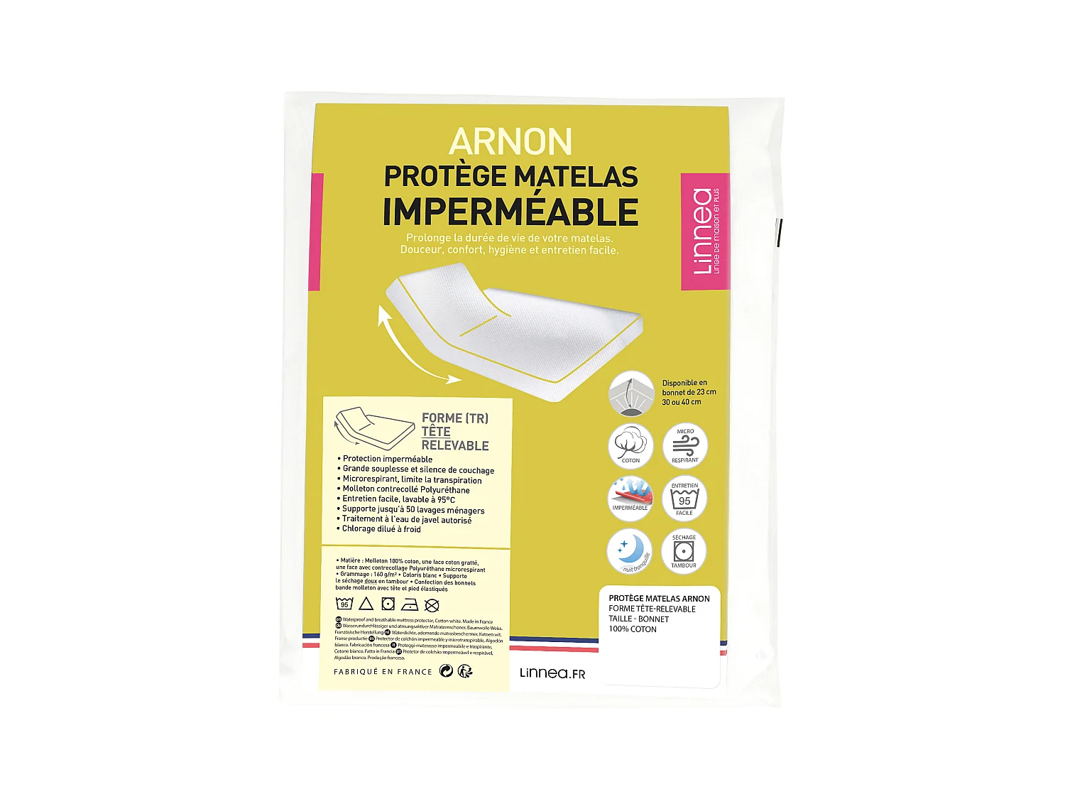 Protège matelas imperméable 2x80x220 cm lit articulé TR bonnet 23cm ARNON molleton coton contrecollé polyuréthane