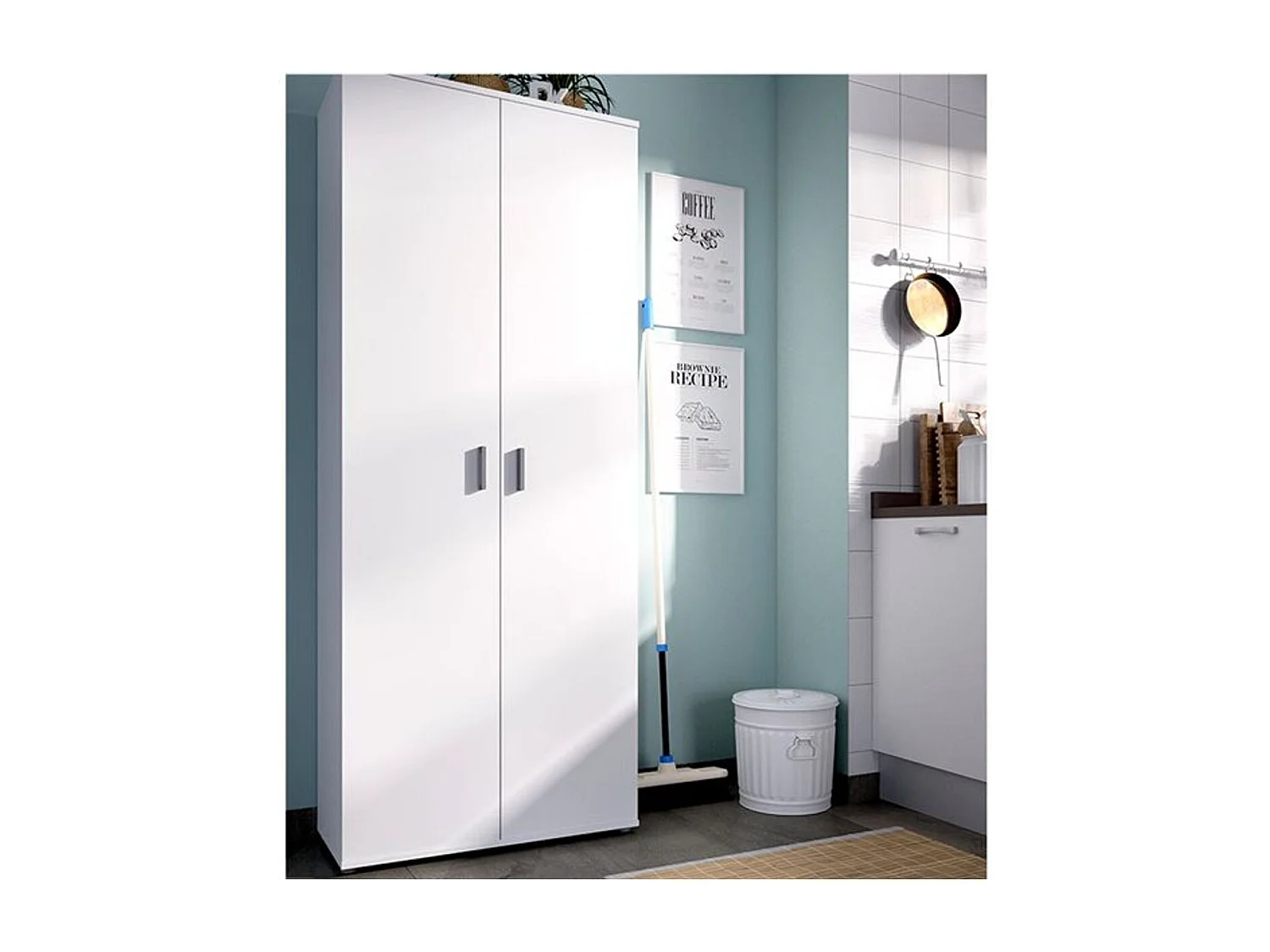 Armario auxiliar Fit 4 compartimentos con escobero abatibles blanco 190x78x35 cm