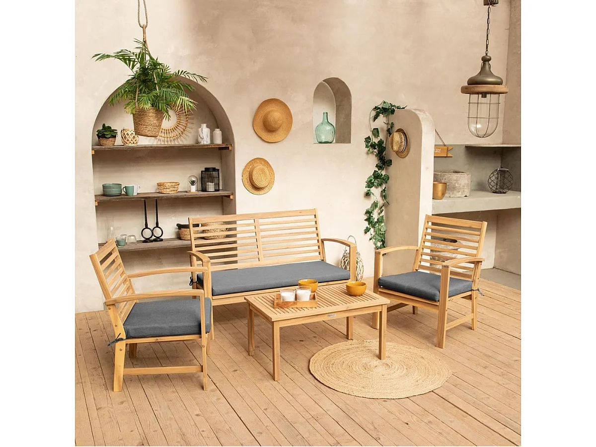 Conjunto de jardín Acacia sofá + 2 sillas + mesa natural/gris