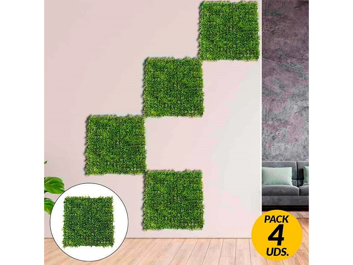 Pack de 4 planchas de jardín vertical artificial hoja redondeada verde
