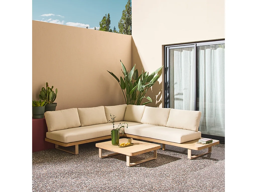 Salon de jardin d'angle bois d'acacia et aluminium 5 places beige - Acalia