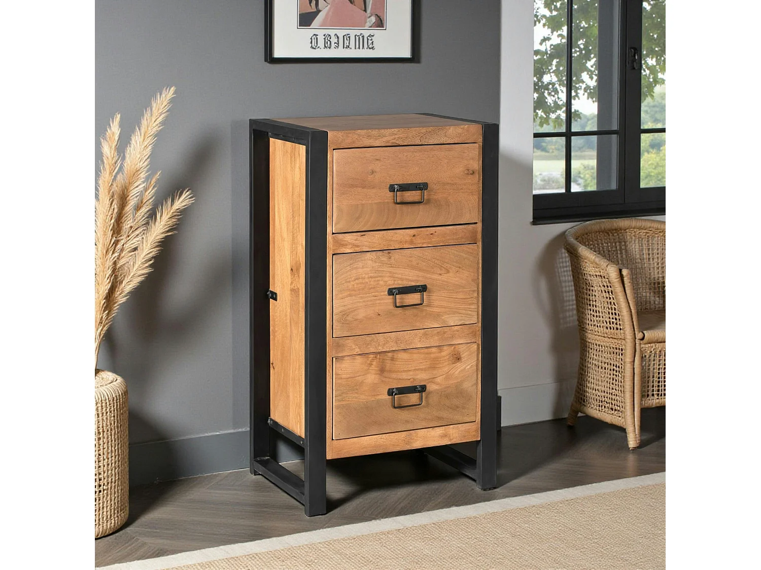 Commode étroite bois métal 3 tiroirs MILORA