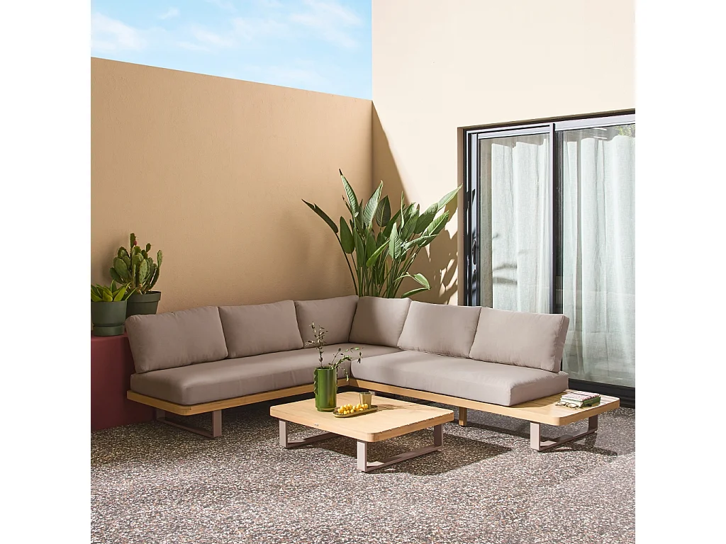 Salon de jardin d'angle bois d'acacia et aluminium 5 places marron - Acalia