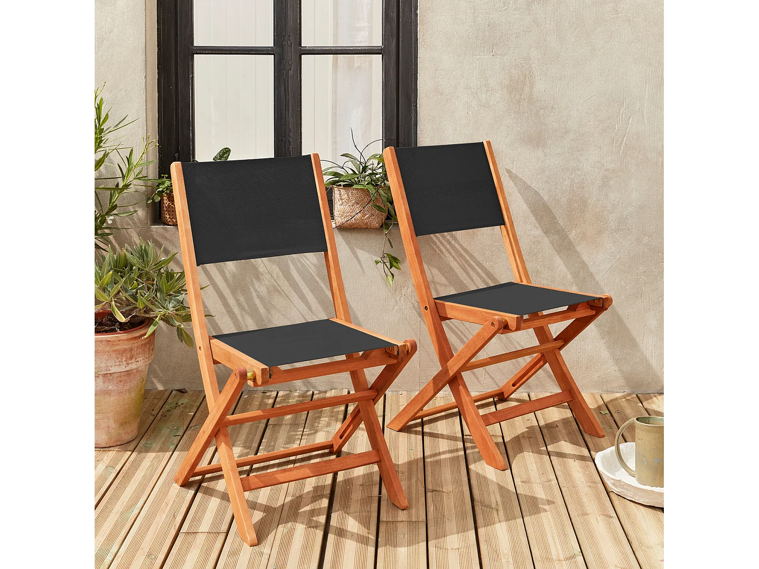 Silla de jardín plegable de madera de eucalipto, set de 2 negro