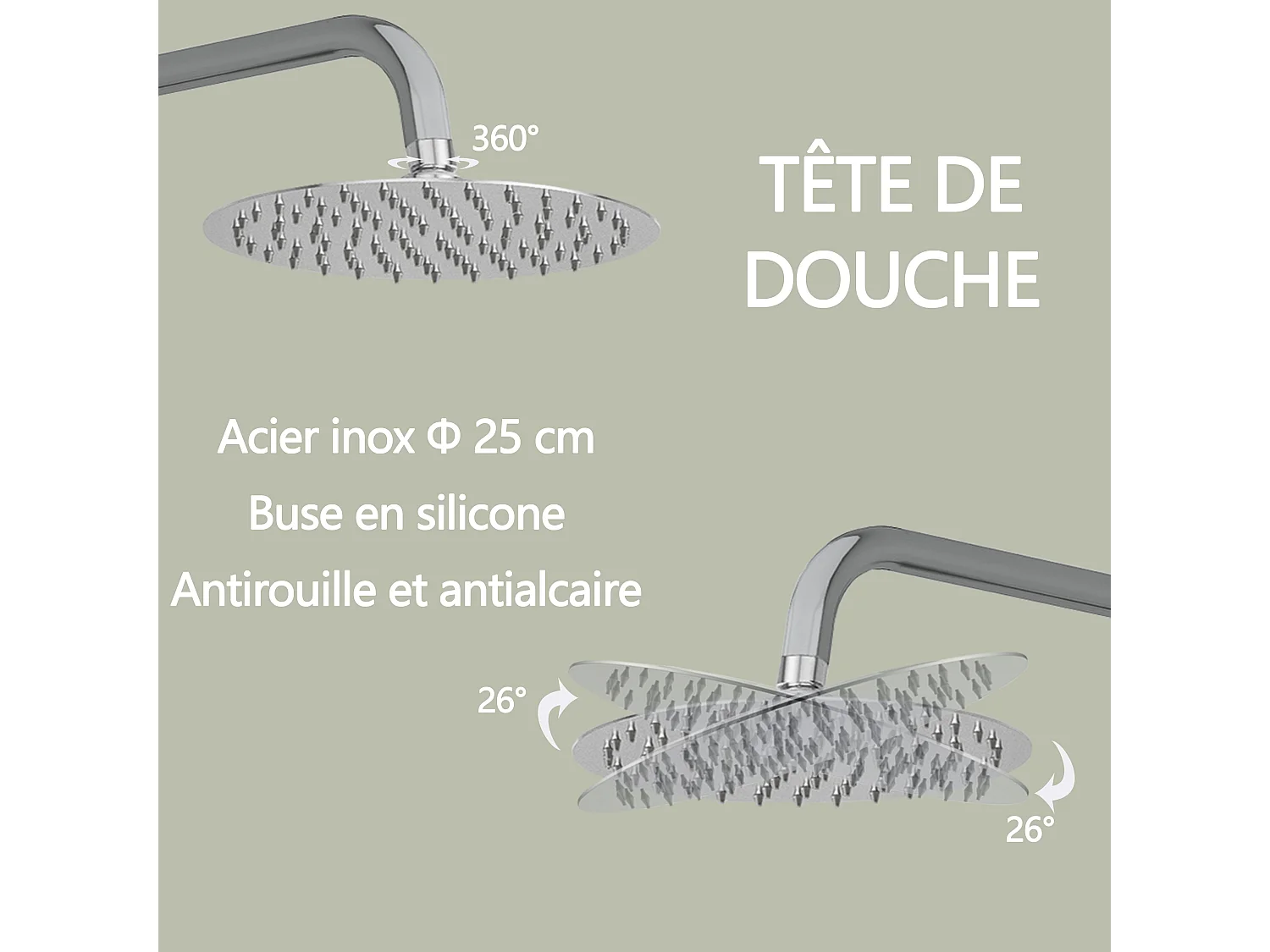 AICA Colonne de Douche Thermostatique 38°C Ensemble de Douche avec Pomme haute 25cm+Douchette 3 Jets Hauteur Réglable 65-125 cm Laiton & Acier Inox
