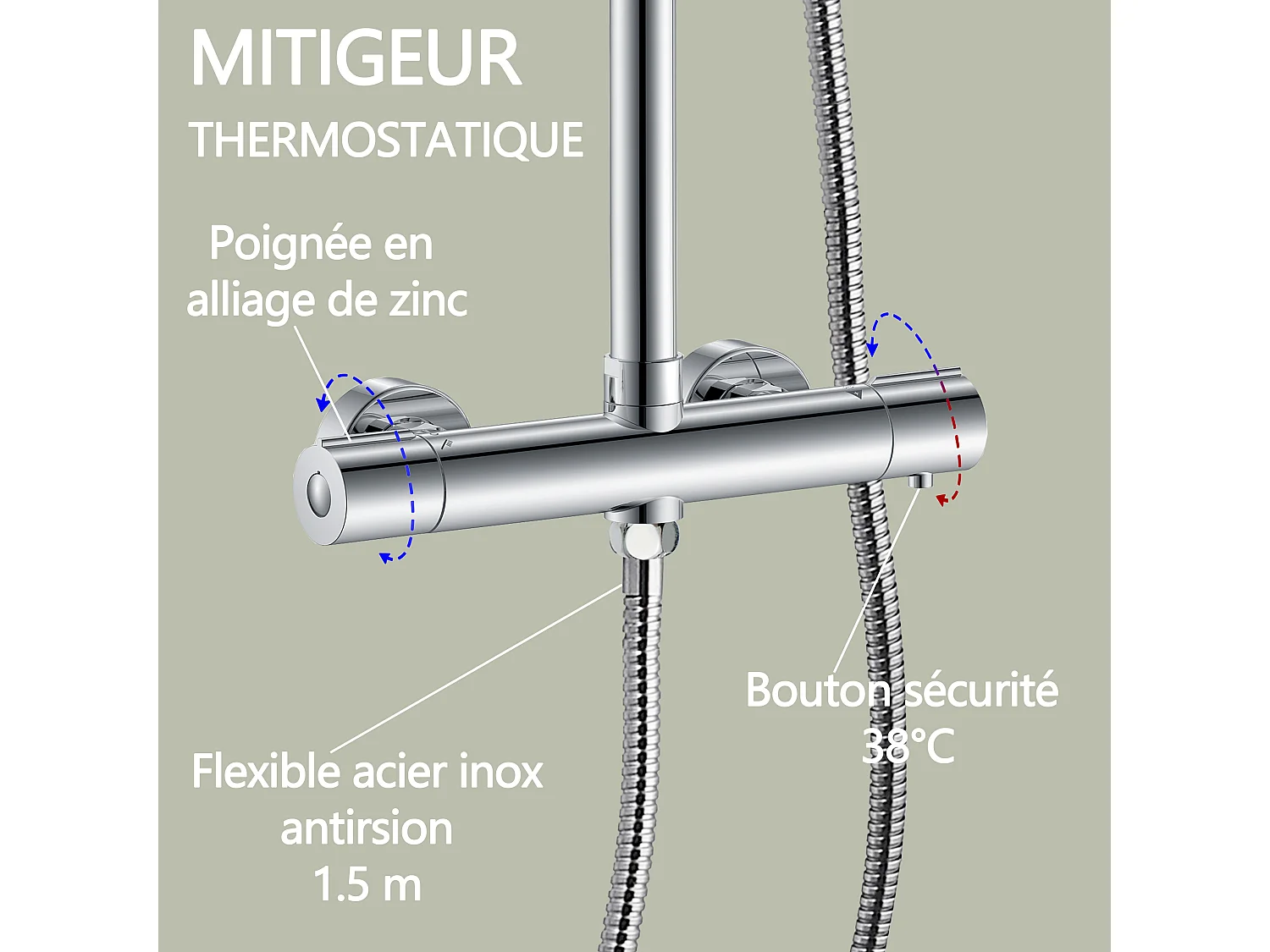 AICA Colonne de Douche Thermostatique 38°C Ensemble de Douche avec Pomme haute 25cm+Douchette 3 Jets Hauteur Réglable 65-125 cm Laiton & Acier Inox