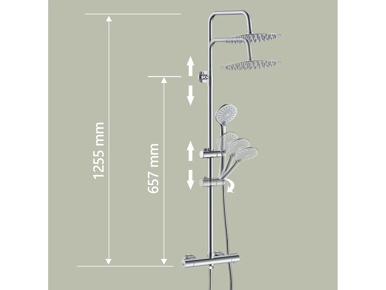 AICA Colonne de Douche Thermostatique 38°C Ensemble de Douche avec Pomme haute 25cm+Douchette 3 Jets Hauteur Réglable 65-125 cm Laiton & Acier Inox