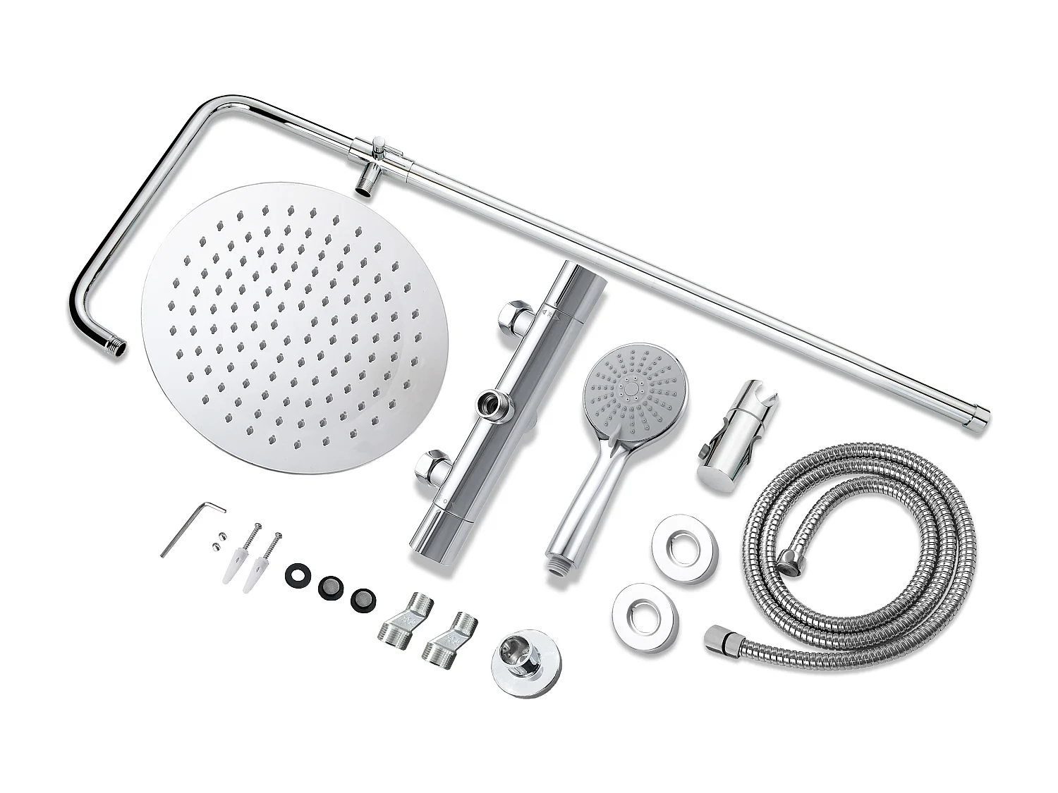 AICA Colonne de Douche Thermostatique 38°C Ensemble de Douche avec Pomme haute 25cm+Douchette 3 Jets Hauteur Réglable 65-125 cm Laiton & Acier Inox