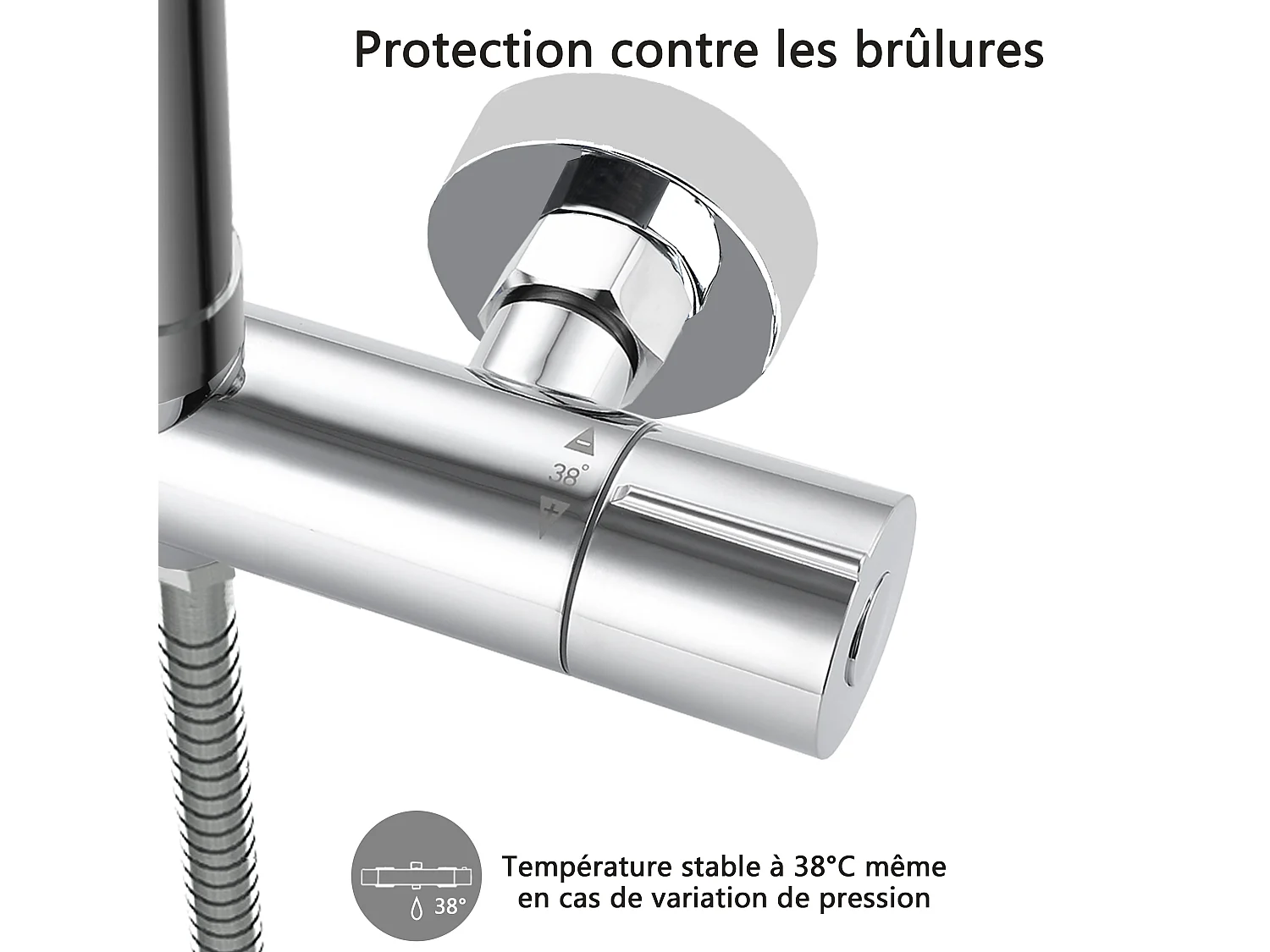 AICA Colonne de Douche Thermostatique 38°C Ensemble de Douche avec Pomme haute 25cm+Douchette 3 Jets Hauteur Réglable 65-125 cm Laiton & Acier Inox
