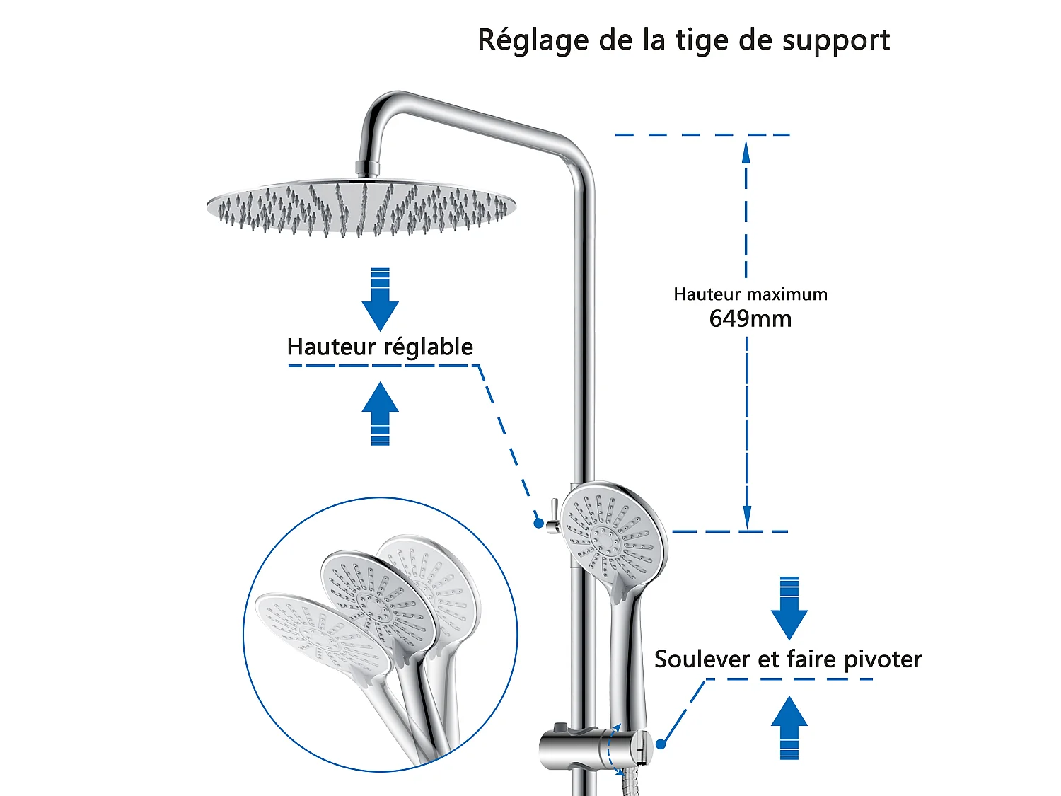 AICA Colonne de Douche Thermostatique 38°C Ensemble de Douche avec Pomme haute 25cm+Douchette 3 Jets Hauteur Réglable 65-125 cm Laiton & Acier Inox