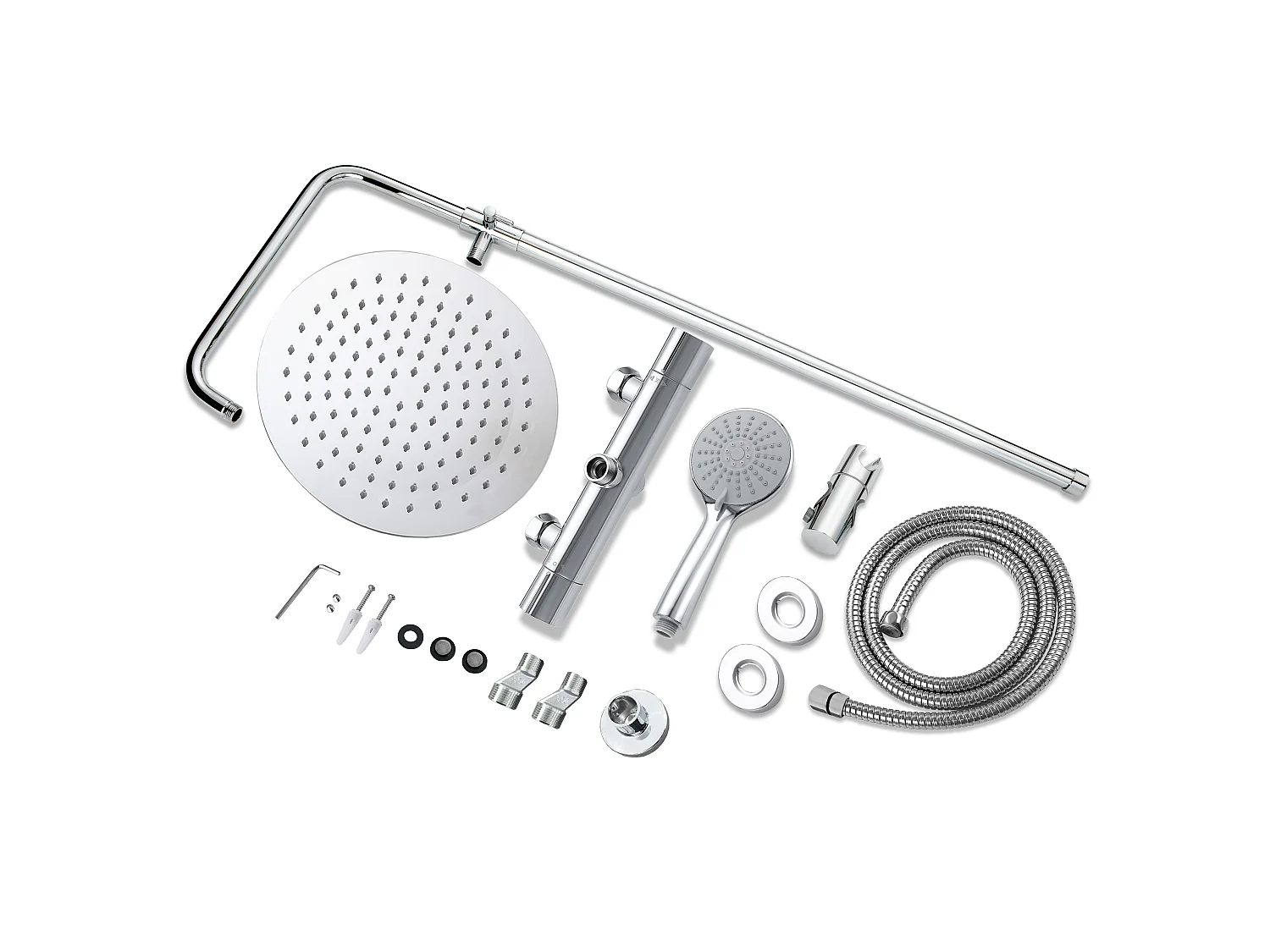 AICA Colonne de Douche Thermostatique 38°C Ensemble de Douche avec Pomme haute 25cm+Douchette 3 Jets Hauteur Réglable 65-125 cm Laiton & Acier Inox