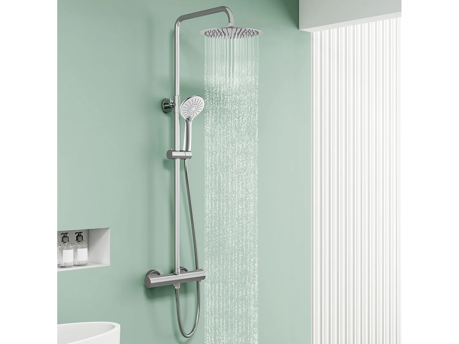 AICA Colonne de Douche Thermostatique 38°C Ensemble de Douche avec Pomme haute 25cm+Douchette 3 Jets Hauteur Réglable 65-125 cm Laiton & Acier Inox