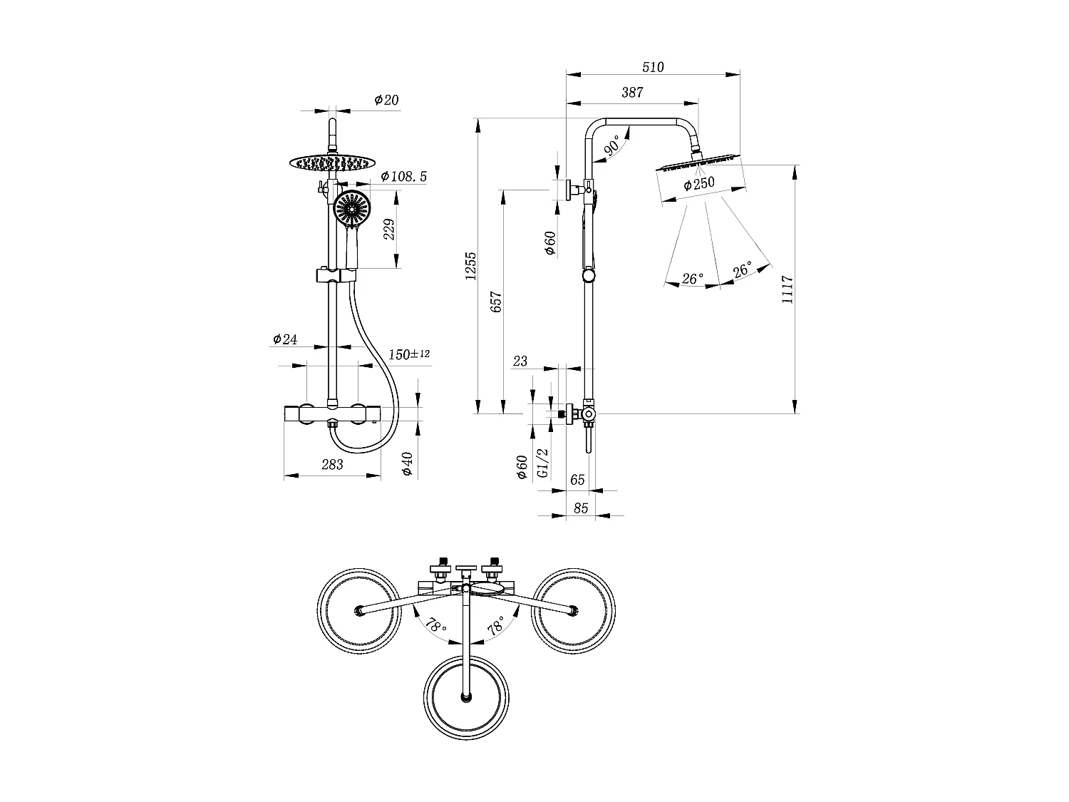 AICA Colonne de Douche Thermostatique 38°C Ensemble de Douche avec Pomme haute 25cm+Douchette 3 Jets Hauteur Réglable 65-125 cm Laiton & Acier Inox