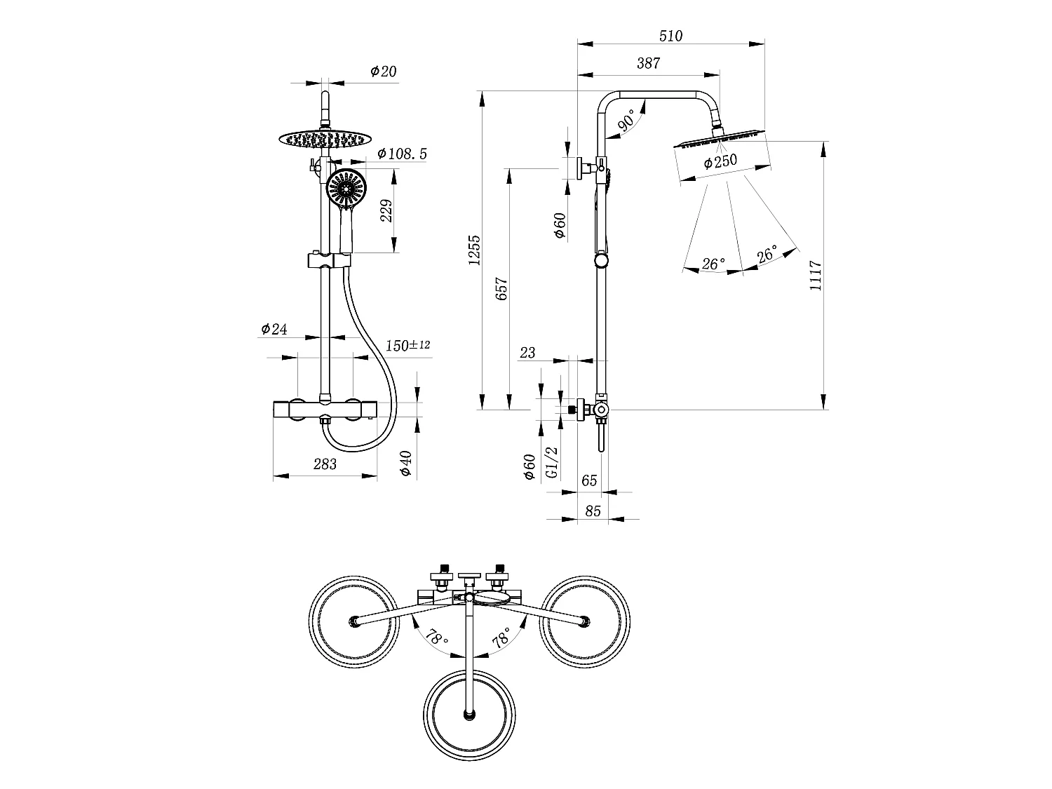 AICA Colonne de Douche Thermostatique 38°C Ensemble de Douche avec Pomme haute 25cm+Douchette 3 Jets Hauteur Réglable 65-125 cm Laiton & Acier Inox
