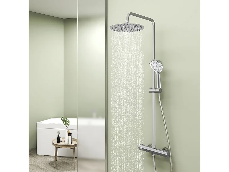 AICA Colonne de Douche Thermostatique 38°C Ensemble de Douche avec Pomme haute 25cm+Douchette 3 Jets Hauteur Réglable 65-125 cm Laiton & Acier Inox