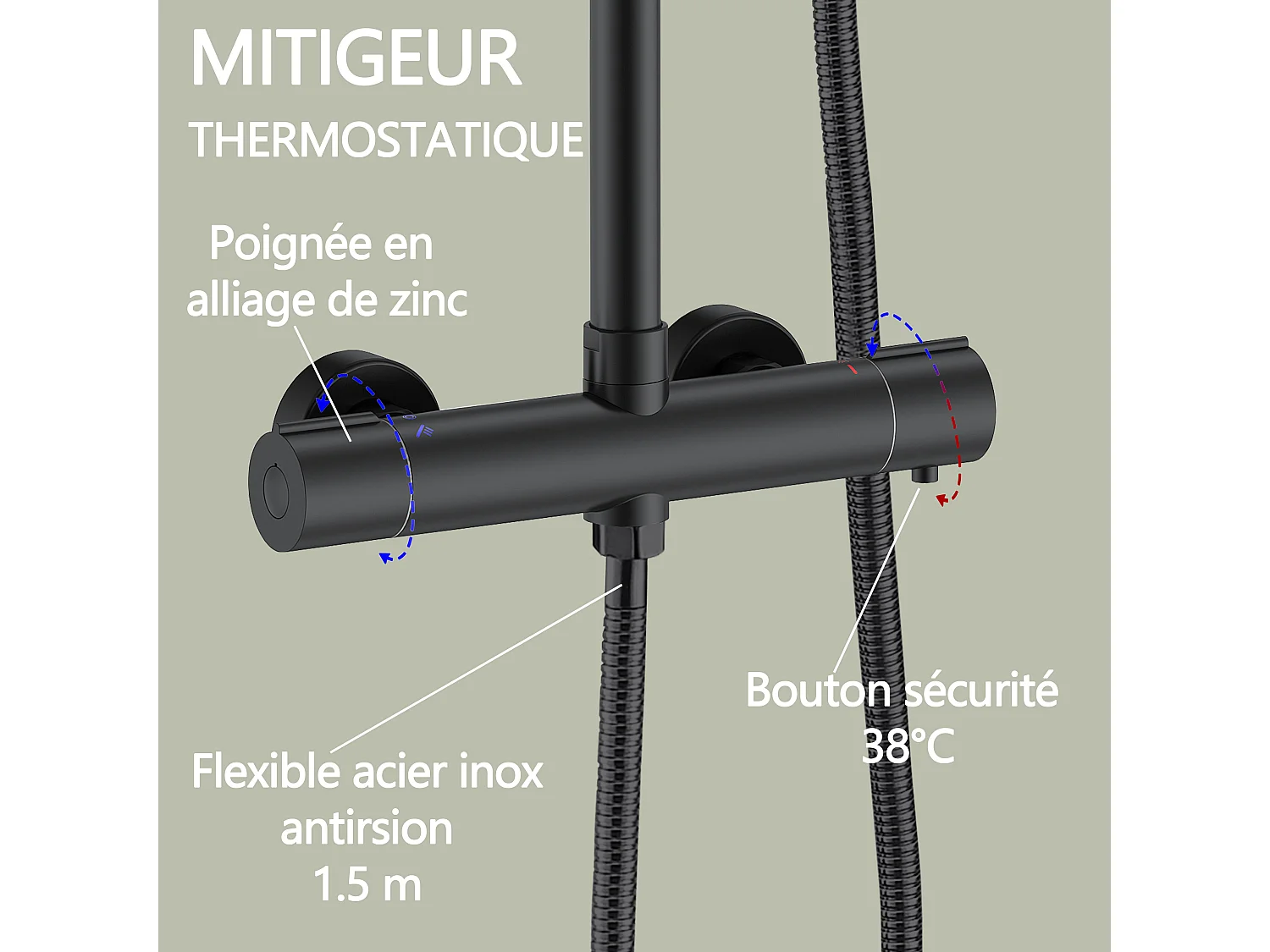 AICA Colonne de Douche Thermostatique 38°C Ensemble de Douche avec Pomme haute 25cm+Douchette 3 Jets Hauteur Réglable 65-125 cm Laiton & Acier Inox