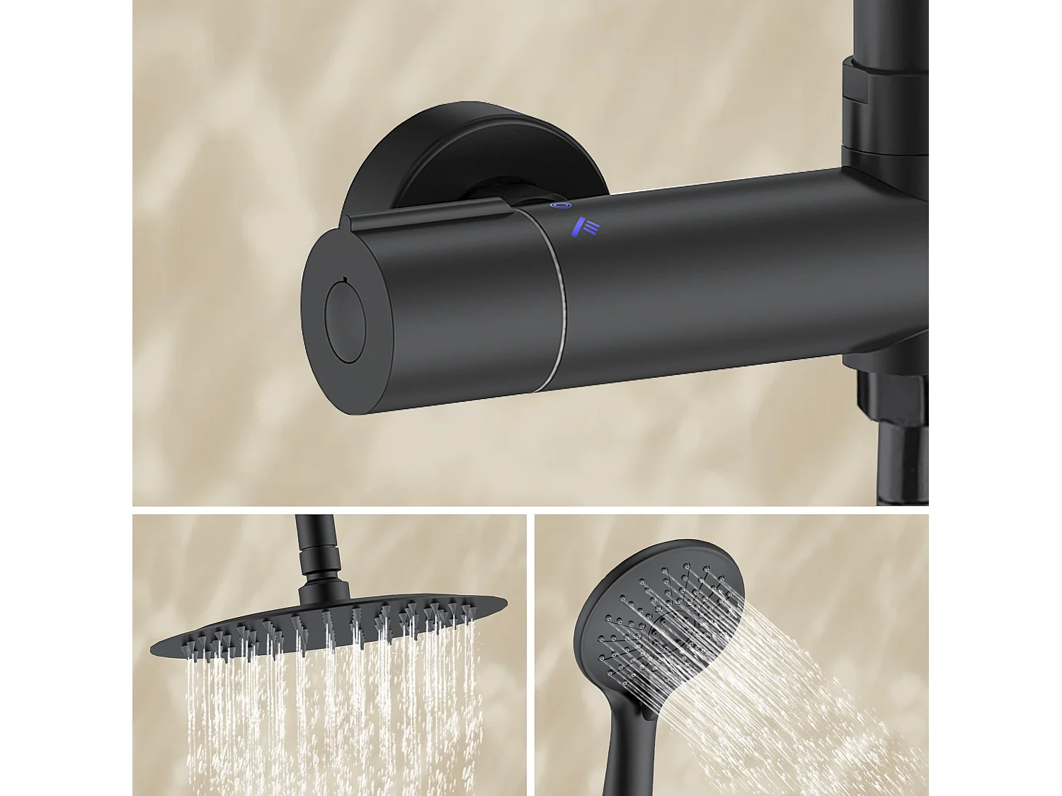 AICA Colonne de Douche Thermostatique 38°C Ensemble de Douche avec Pomme haute 25cm+Douchette 3 Jets Hauteur Réglable 65-125 cm Laiton & Acier Inox