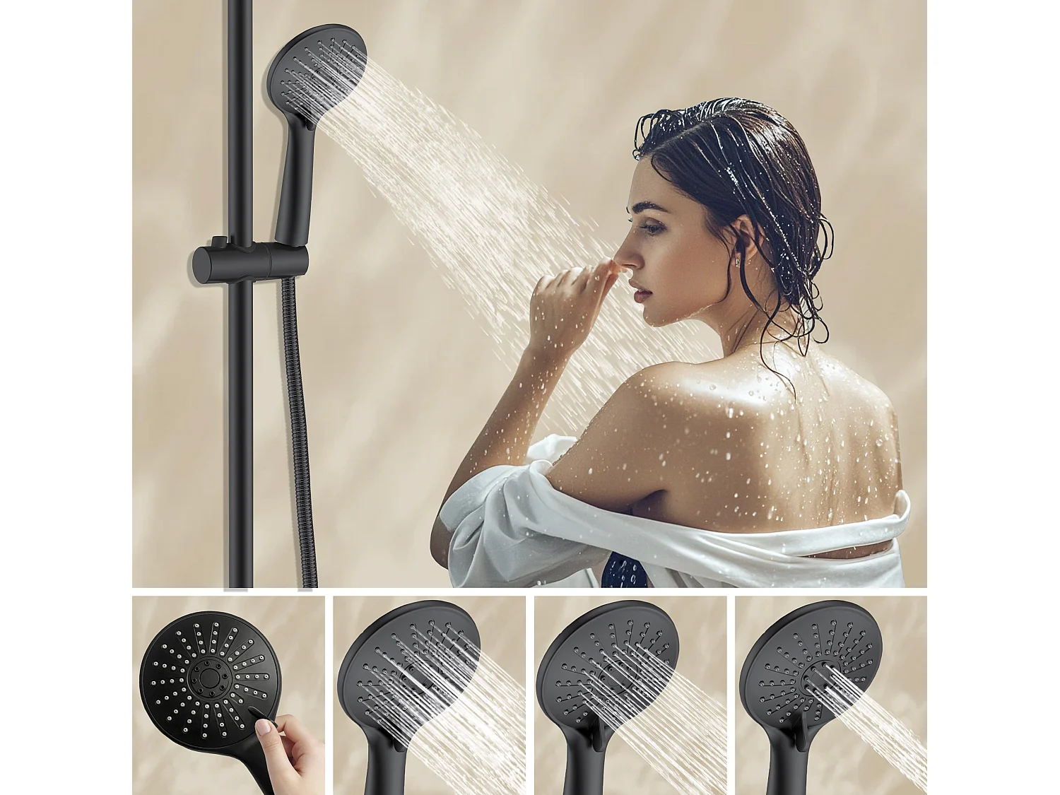 AICA Colonne de Douche Thermostatique 38°C Ensemble de Douche avec Pomme haute 25cm+Douchette 3 Jets Hauteur Réglable 65-125 cm Laiton & Acier Inox