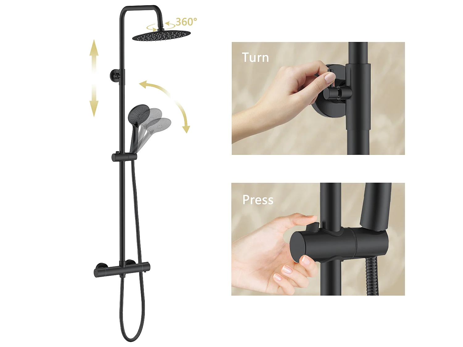 AICA Colonne de Douche Thermostatique 38°C Ensemble de Douche avec Pomme haute 25cm+Douchette 3 Jets Hauteur Réglable 65-125 cm Laiton & Acier Inox