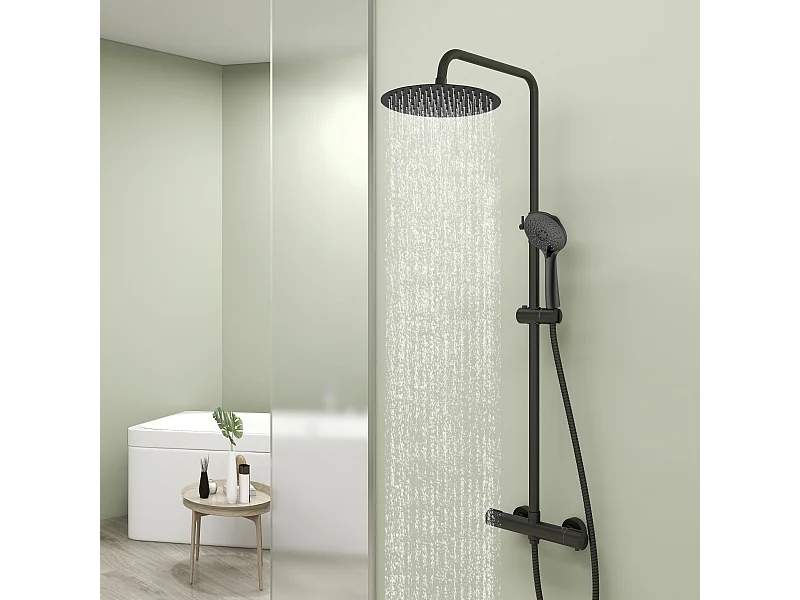 AICA Colonne de Douche Thermostatique 38°C Ensemble de Douche avec Pomme haute 25cm+Douchette 3 Jets Hauteur Réglable 65-125 cm Laiton & Acier Inox