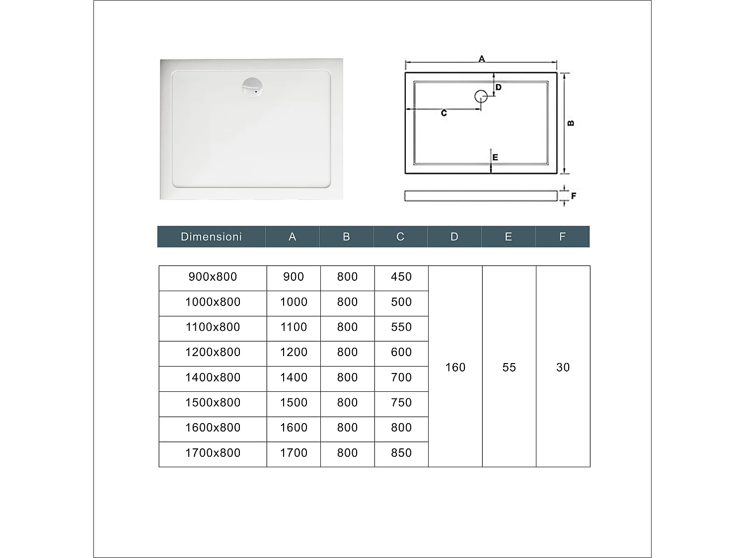 Piatto Doccia 110x80cm Bianco Spessore di 3 cm in Pietra Artificiale e Resina Minerale Mista Piletta Extra Piatta Sottile e Tubo inclusi