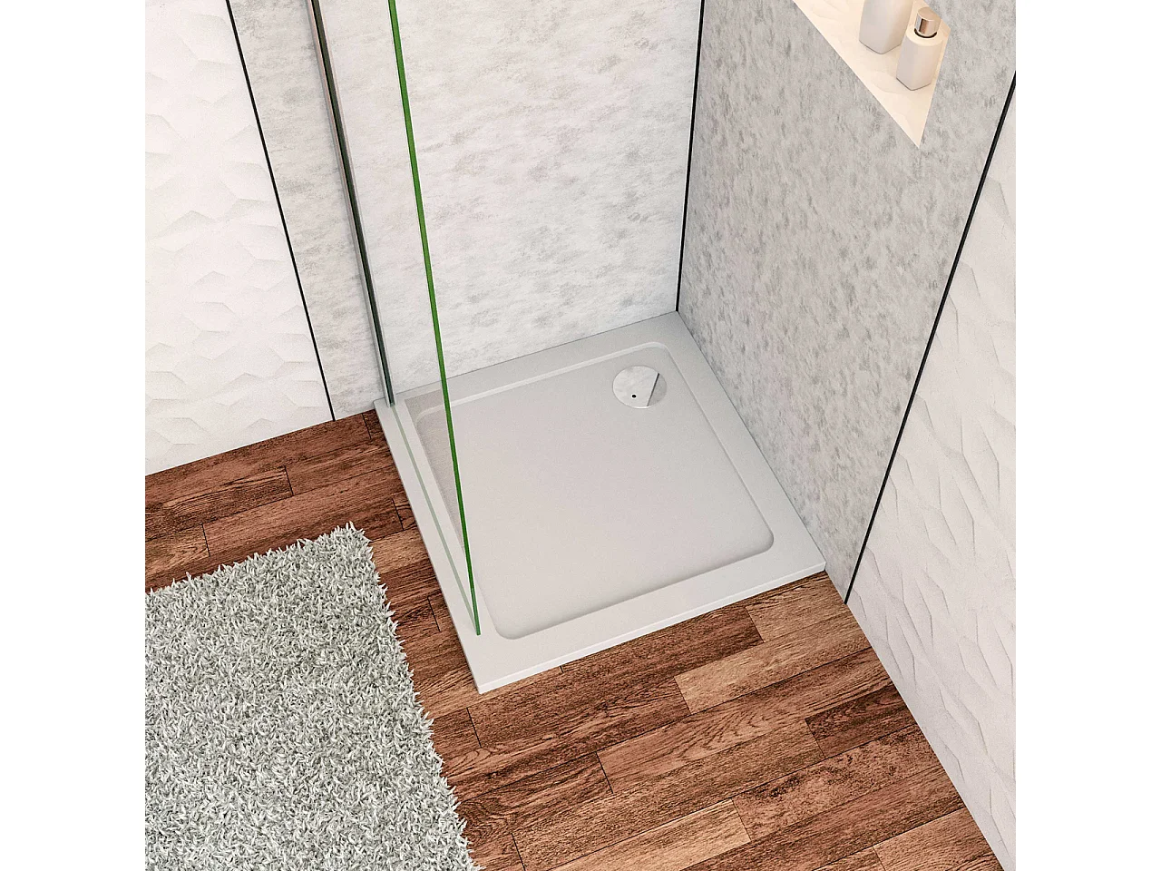 Piatto Doccia 80x80cm Bianco Spessore di 3 cm in Pietra Artificiale e Resina Minerale Mista Piletta Extra Piatta Sottile e Tubo inclusi