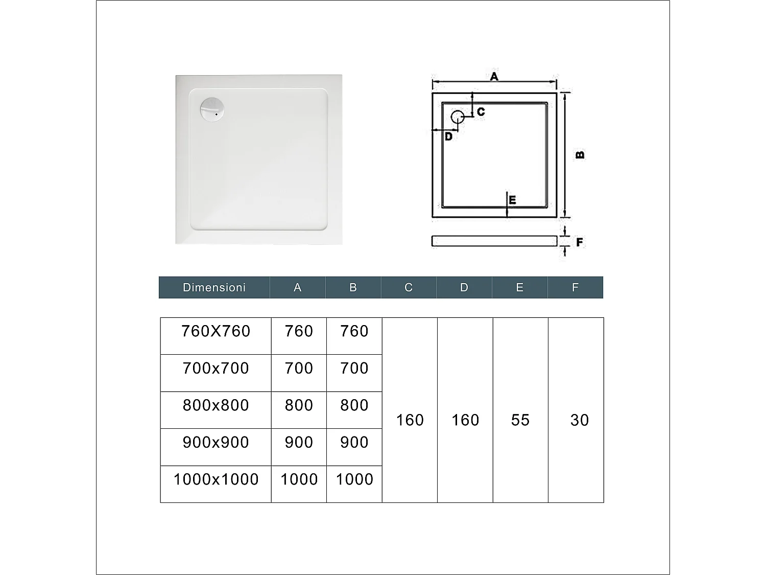 Piatto Doccia 80x80cm Bianco Spessore di 3 cm in Pietra Artificiale e Resina Minerale Mista Piletta Extra Piatta Sottile e Tubo inclusi