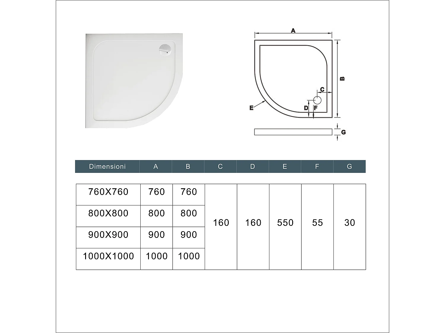 Piatto Doccia Semicircolare 80x80cm Bianco Spessore di 3 cm in Pietra Artificiale e Resina Minerale Mista Piletta Extra Piatta Sottile e Tubo inclusi