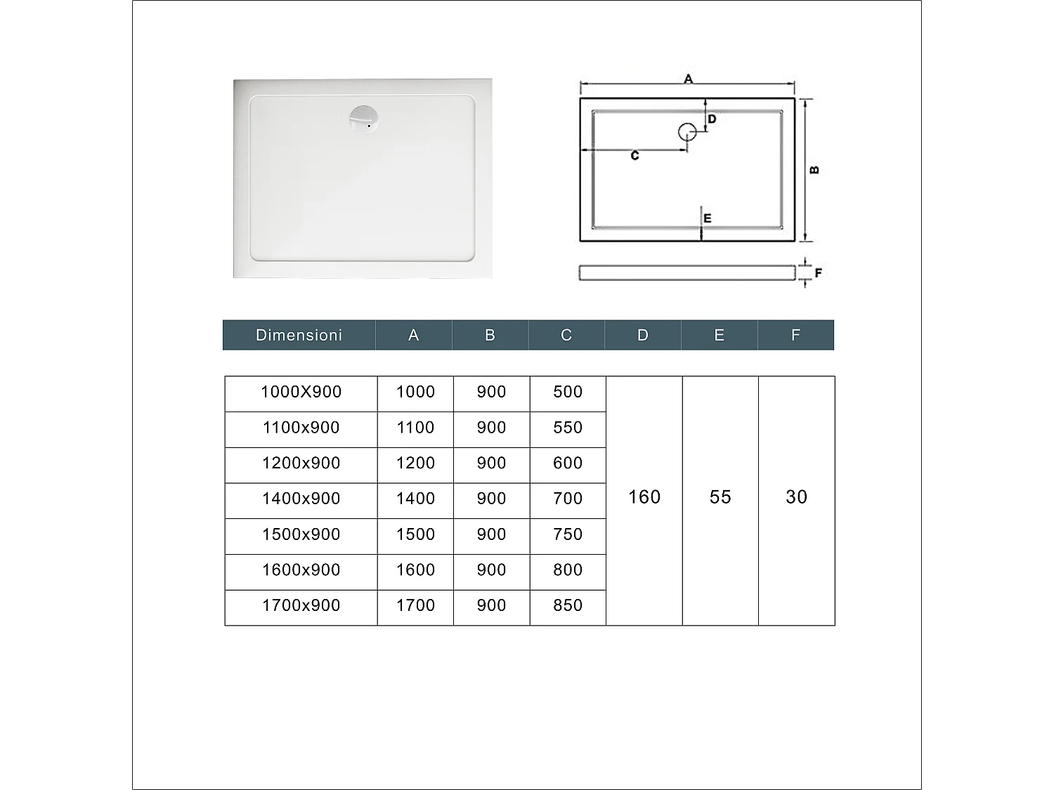 Piatto Doccia 100x90cm Bianco Spessore di 3 cm in Pietra Artificiale e Resina Minerale Mista Piletta Extra Piatta Sottile e Tubo inclusi