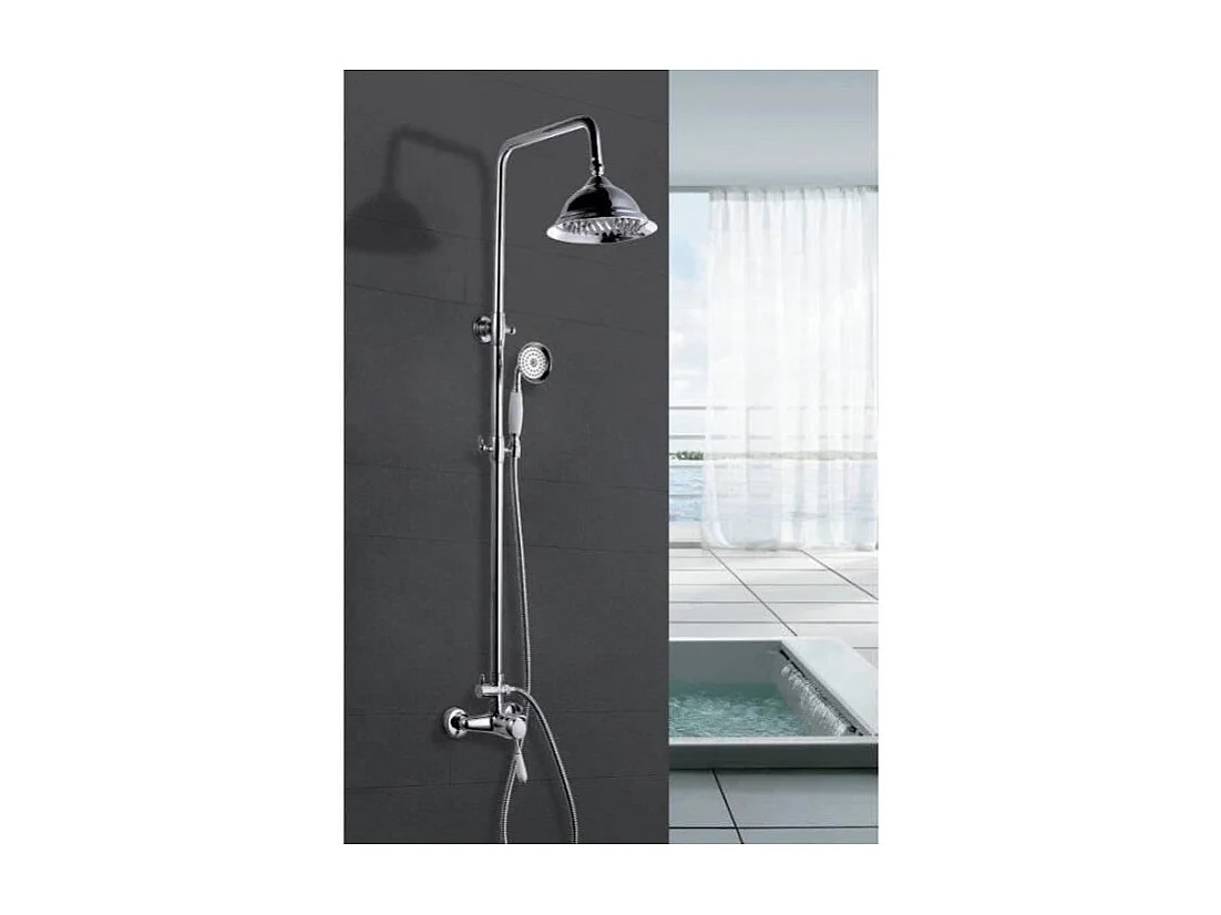 Colonna doccia retrò cromata con miscelatore meccanico, soffione orientabile Ø205 mm e doccetta 1 getto anticalcare