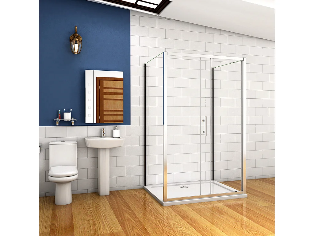 185 cm Box Doccia a Tre Lati Porta Scorrevole con Doppia Parete Fissa Vetro Temperato 5 mm Trasparente Telaio Cromato Lucido 140x80x80 cm