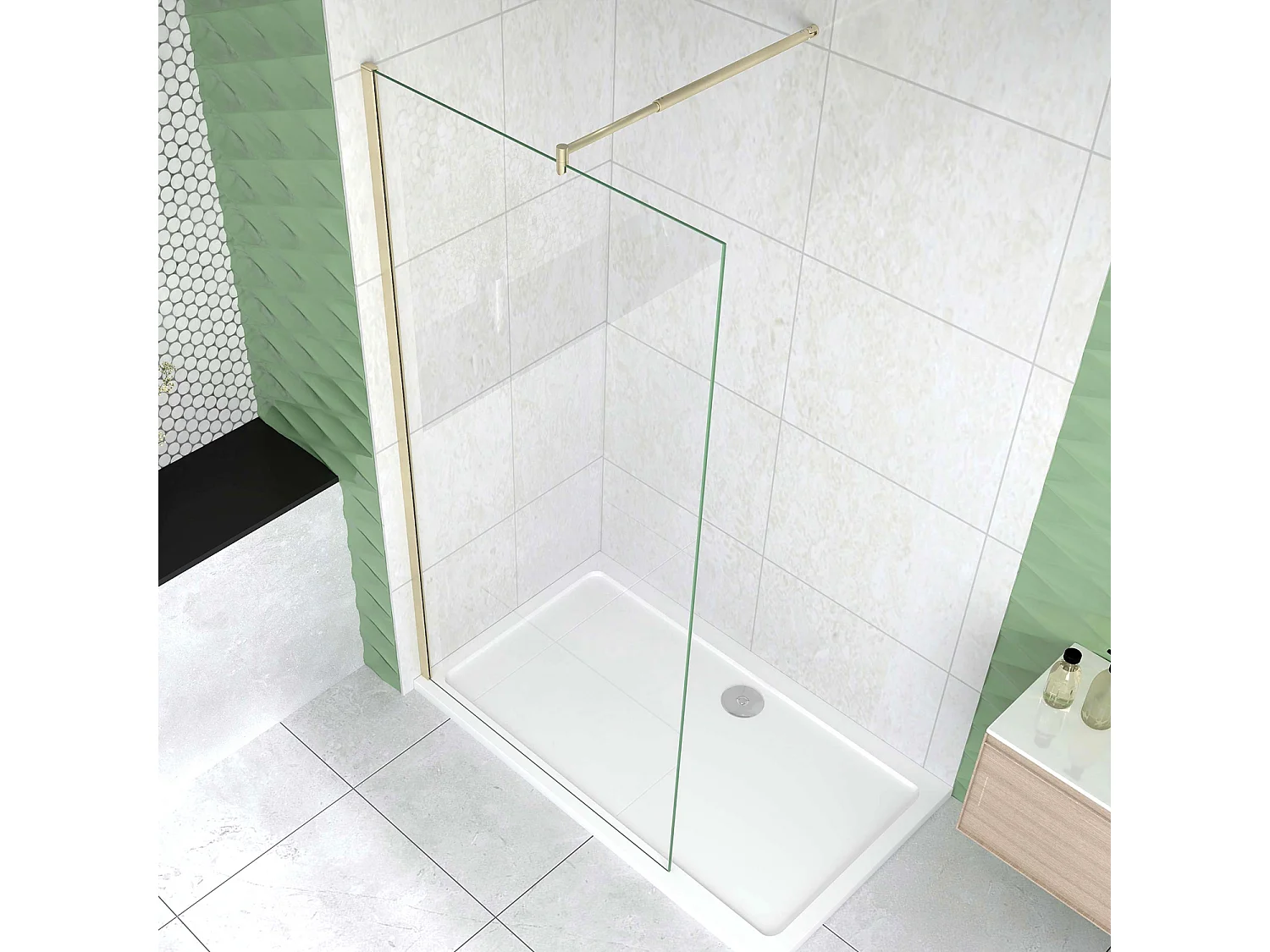 Box Doccia Walk In 40x200 cm Parete Fissa Vetro 8 mm Trasparente Anticalcare Oro Spazzolato Barra Stabilizzatrice 70-120 cm