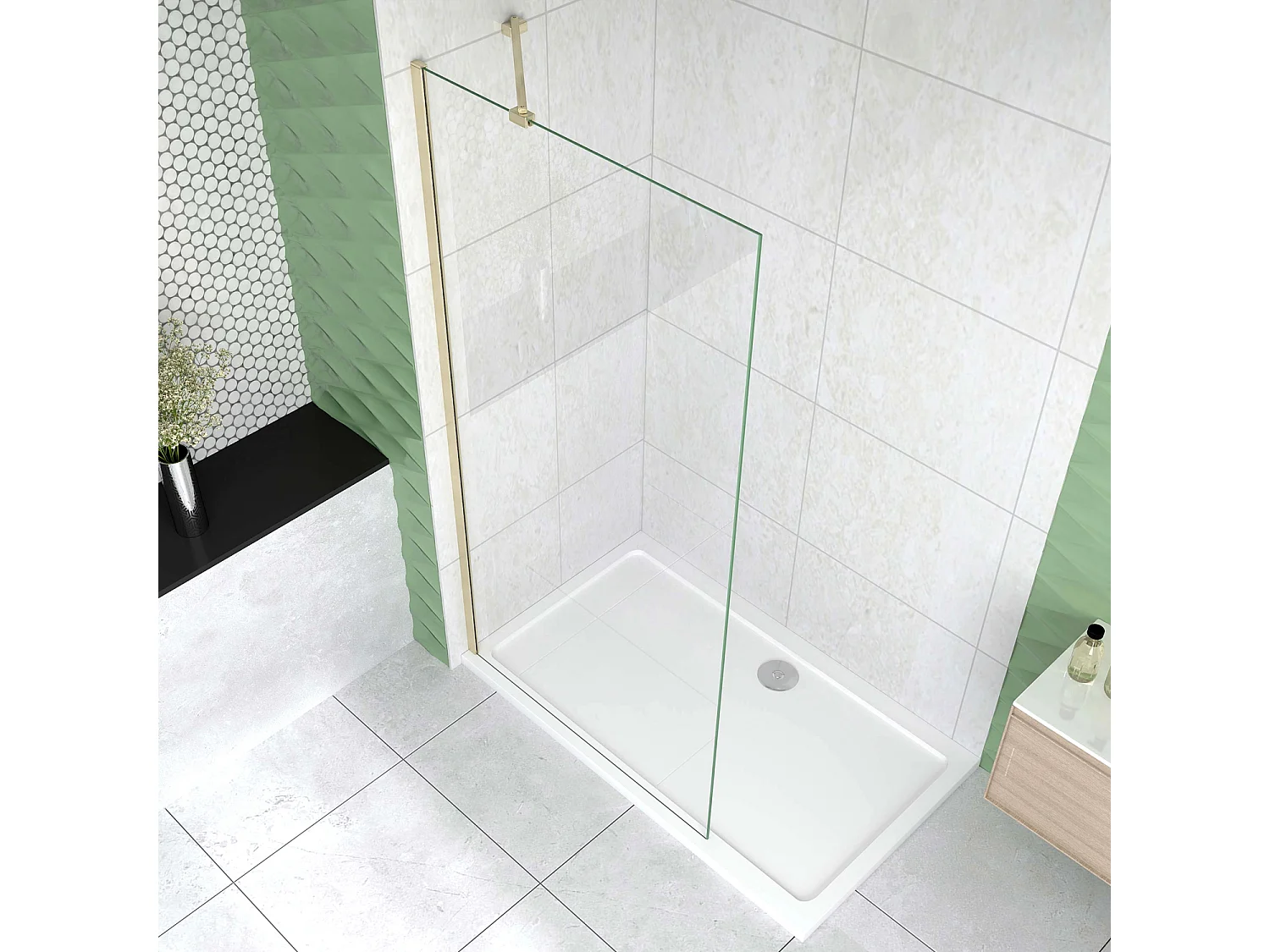 Box Doccia Walk In 40x200 cm Parete Fissa Vetro 8 mm Trasparente Anticalcare Oro Spazzolato Barra Stabilizzatrice 45 cm Snodabile