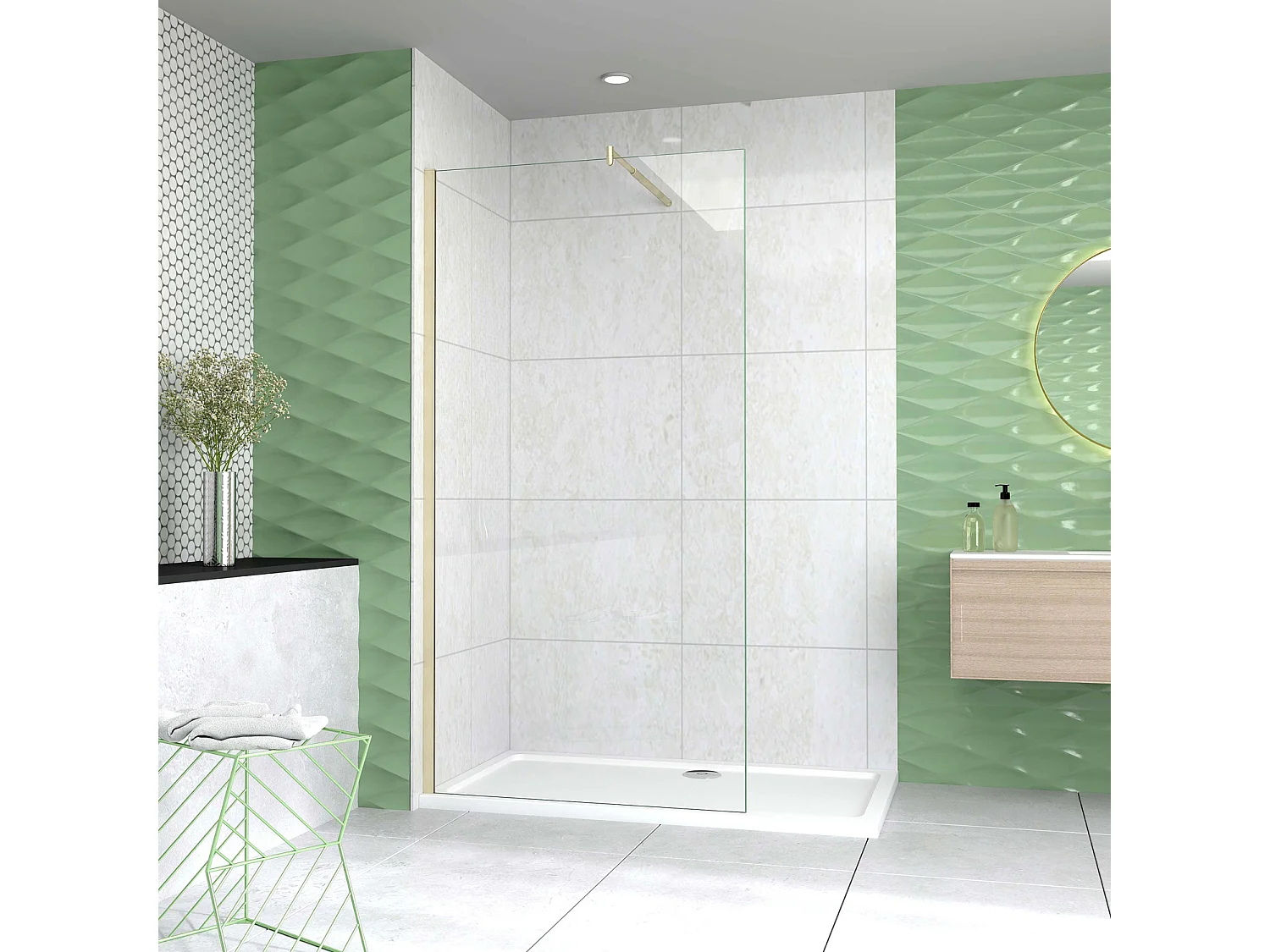 Box Doccia Walk In 85x200 cm Parete Fissa Vetro 8 mm Trasparente Anticalcare Oro Spazzolato Barra Stabilizzatrice 70-120 cm