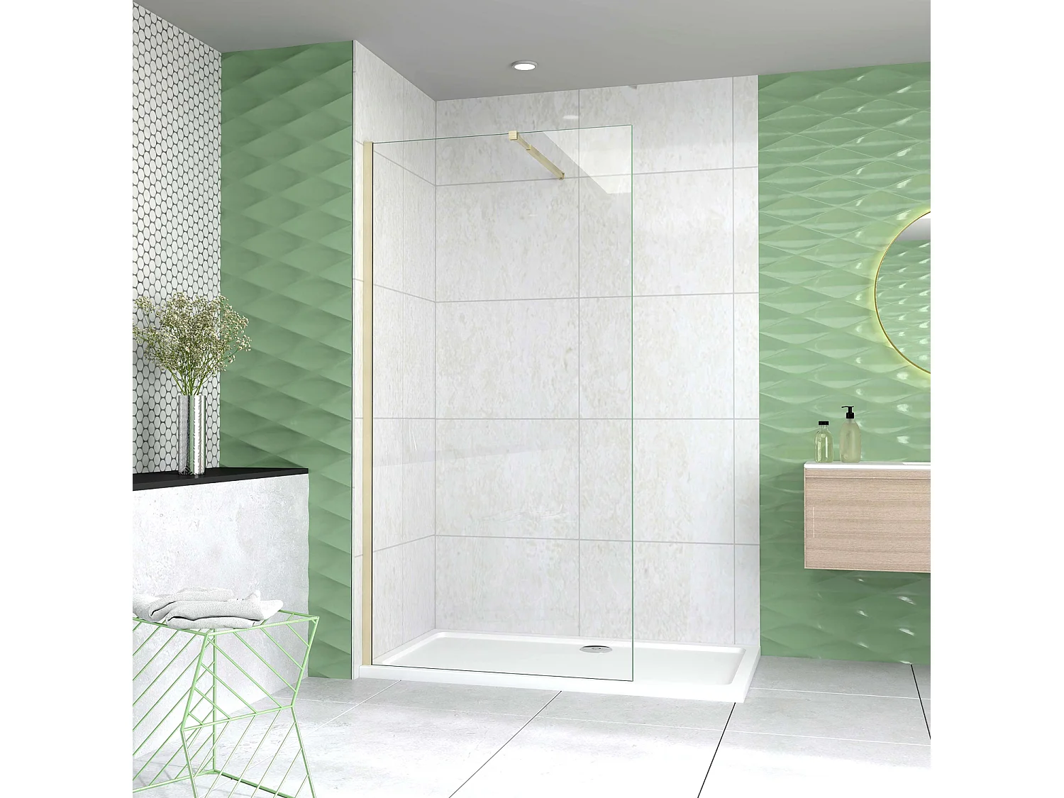 Box Doccia Walk In 80x200 cm Parete Fissa Vetro 8 mm Trasparente Anticalcare Oro Spazzolato con Barra Stabilizzatrice 73-120 cm