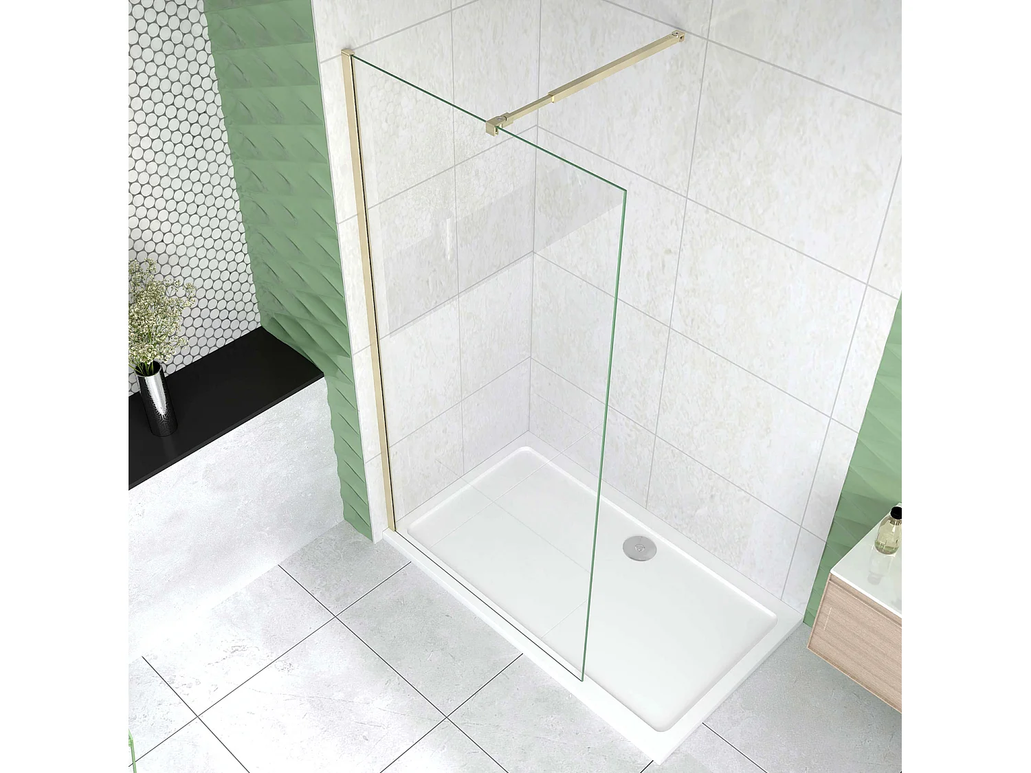 Box Doccia Walk In 60x200 cm Parete Fissa Vetro 10 mm Trasparente Anticalcare Oro Spazzolato con Barra Stabilizzatrice 73-120 cm