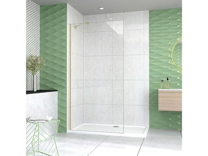 Box Doccia Walk In 80x200 cm Parete Fissa Vetro 8 mm Trasparente Anticalcare Oro Spazzolato Barra Stabilizzatrice 45 cm Snodabile