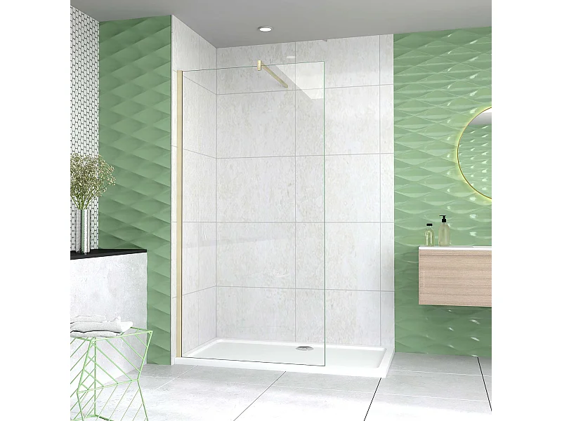 Box Doccia Walk In 110x200 cm Parete Fissa Vetro 10 mm Trasparente Anticalcare Oro Spazzolato Barra Stabilizzatrice 140 cm