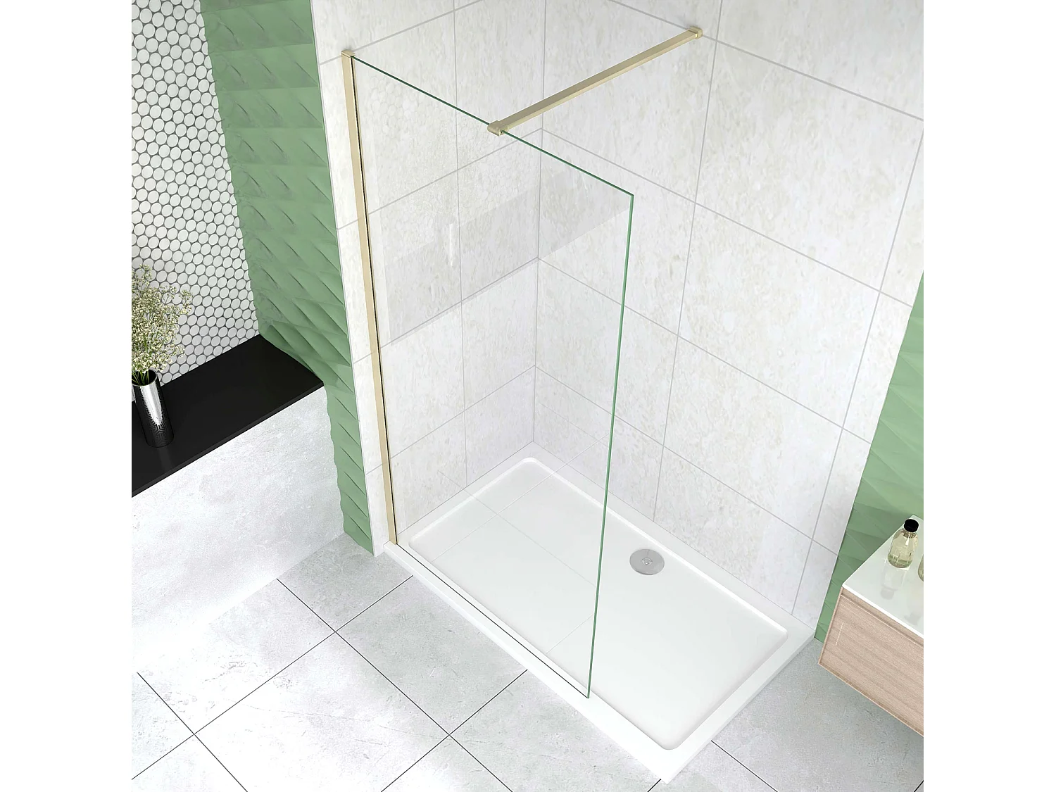 Box Doccia Walk In 70x200 cm Parete Fissa Vetro 8 mm Trasparente Anticalcare Oro Spazzolato Barra Piatta Stabilizzatrice 90 cm