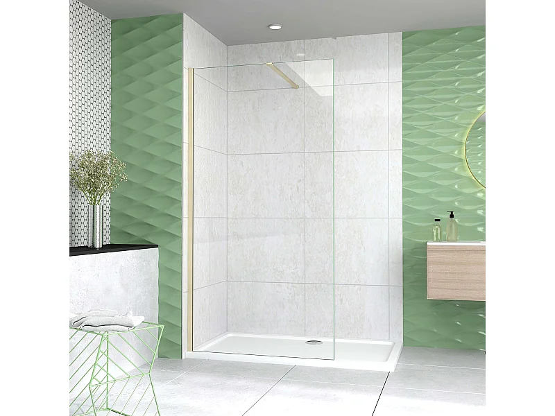 Box Doccia Walk In 70x200 cm Parete Fissa Vetro 8 mm Trasparente Anticalcare Oro Spazzolato Barra Piatta Stabilizzatrice 90 cm