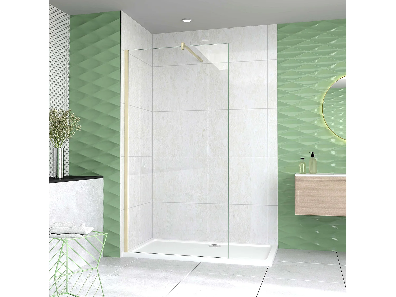 Box Doccia Walk In 80x200 cm Parete Fissa Vetro 10 mm Trasparente Anticalcare Oro Spazzolato Barra Stabilizzatrice 90 cm