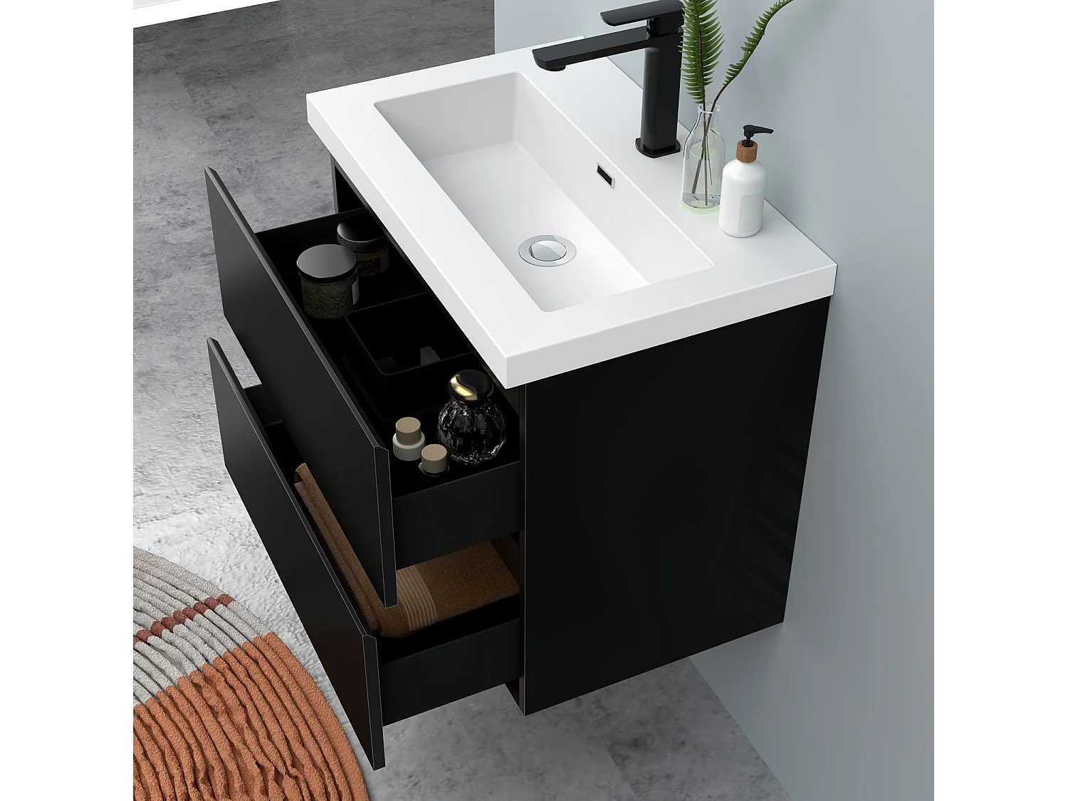 AICA Waschbeckenunterschrank hängend 60cm Rechteckiges Mineralguss-Waschbecken mit Unterschrank - Hochglanz Schwarz - CINIC