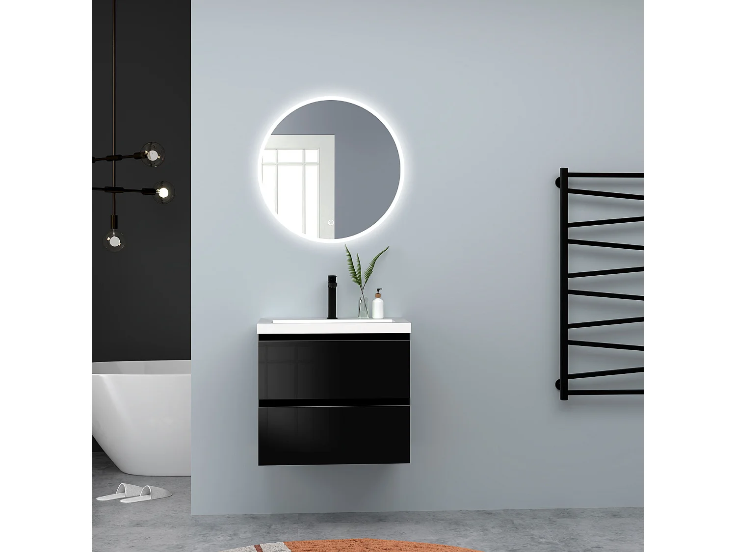 AICA Waschbeckenunterschrank hängend 60cm Rechteckiges Mineralguss-Waschbecken mit Unterschrank - Hochglanz Schwarz - CINIC