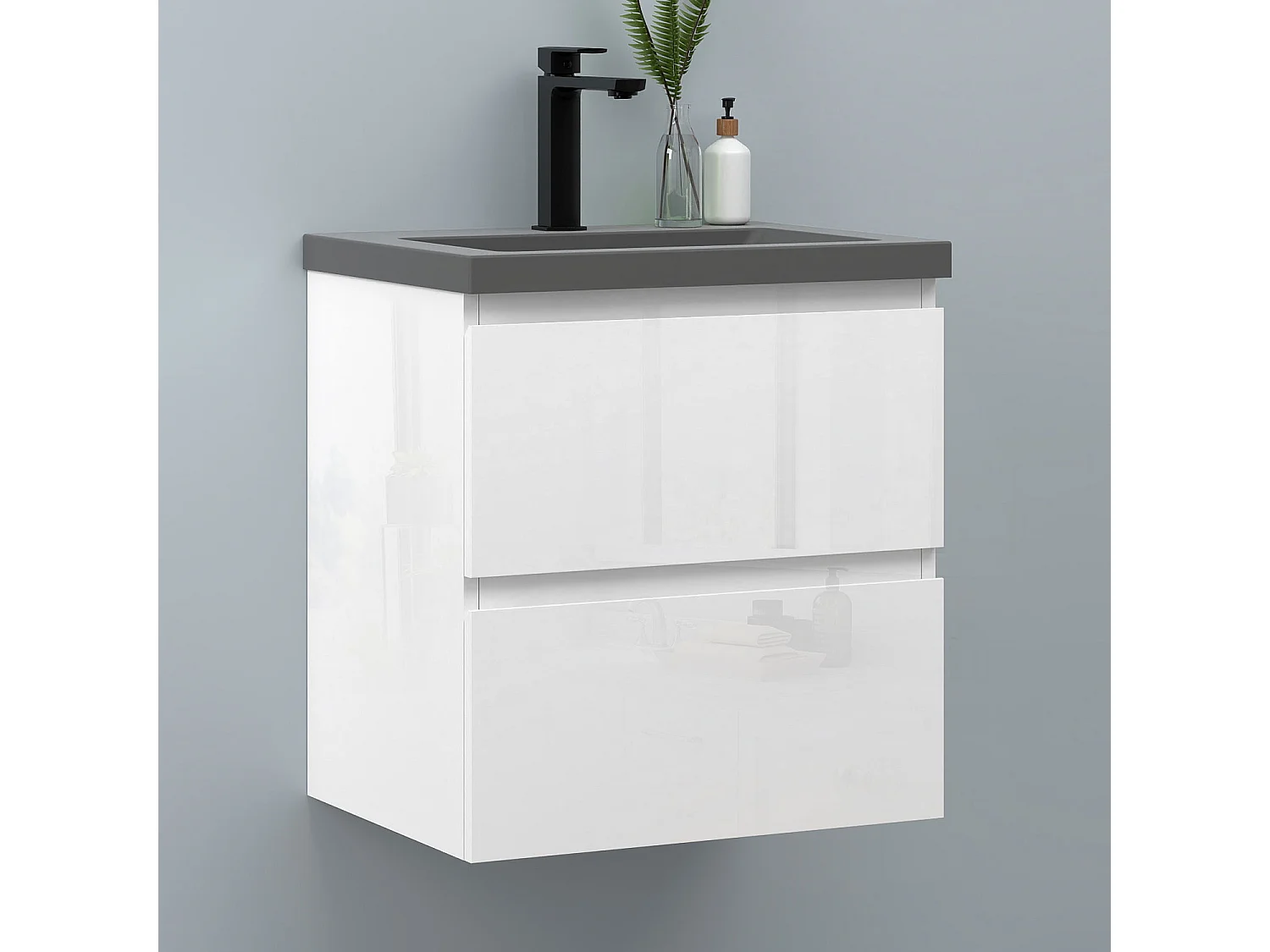 AICA Waschbeckenunterschrank hängend 50cm Dunkelgrau Mineralguss-Waschbecken mit Unterschrank - Hochglanz Weiß - CINIC