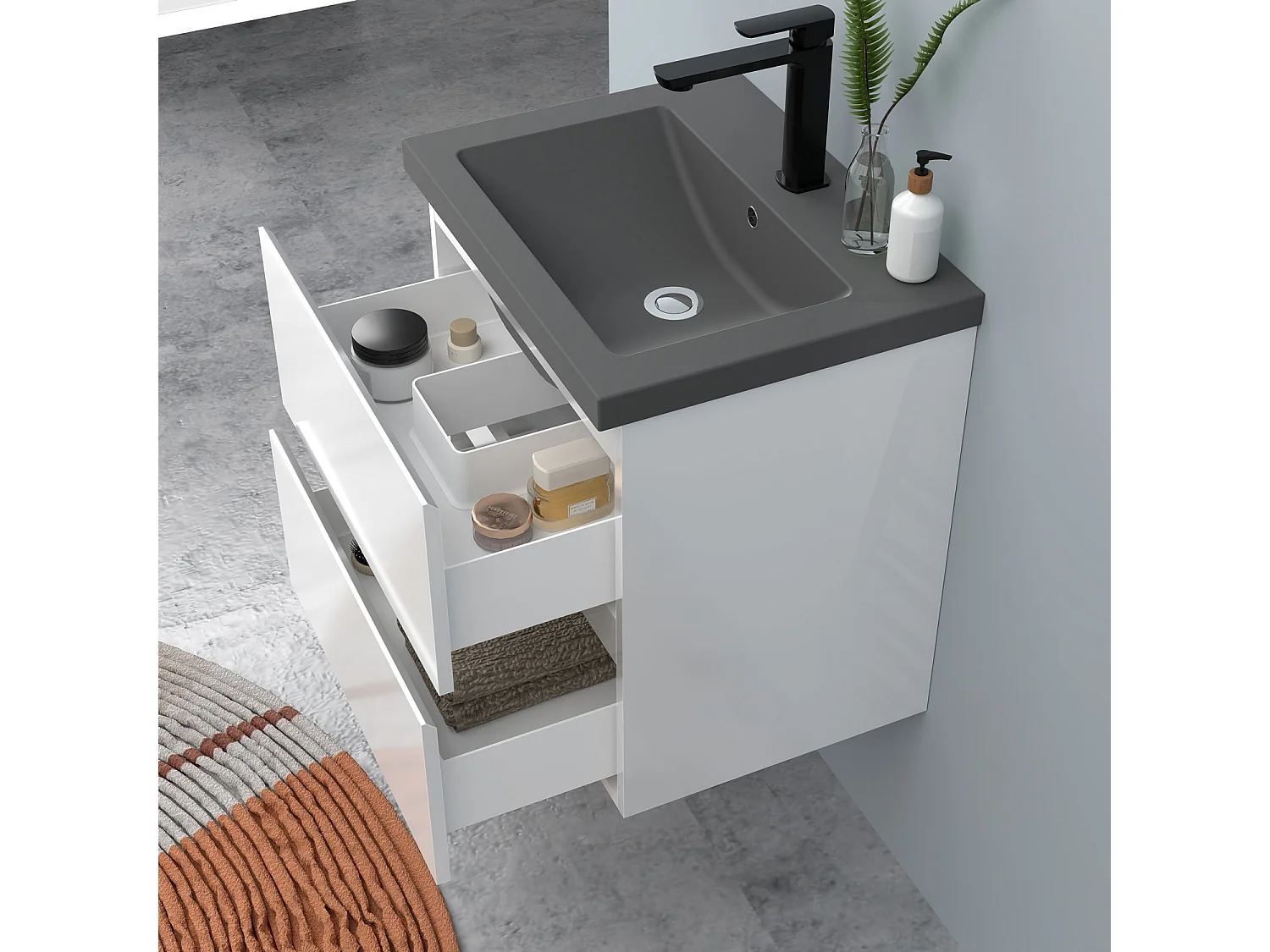 AICA Waschbeckenunterschrank hängend 50cm Dunkelgrau Mineralguss-Waschbecken mit Unterschrank - Hochglanz Weiß - CINIC
