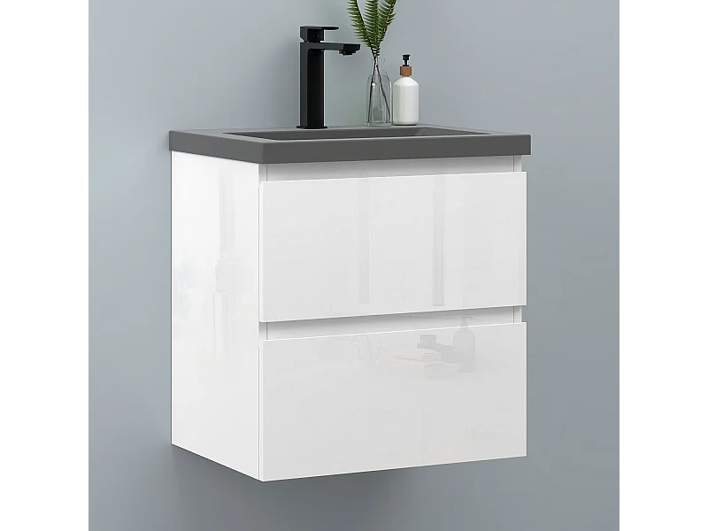 AICA Waschbeckenunterschrank hängend 50cm Dunkelgrau Mineralguss-Waschbecken mit Unterschrank - Hochglanz Weiß - CINIC