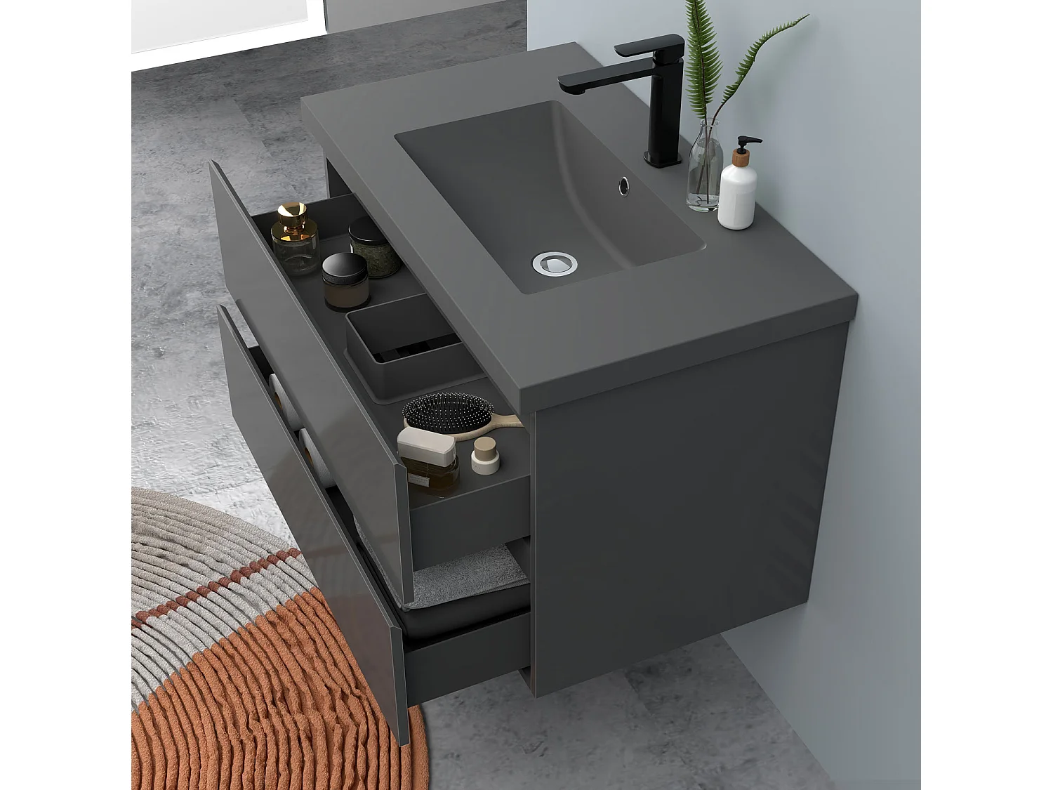 AICA Waschbeckenunterschrank hängend 80cm Dunkelgrau Mineralguss-Waschbecken mit Unterschrank - Hochglanz Dunkelgrau - CINIC