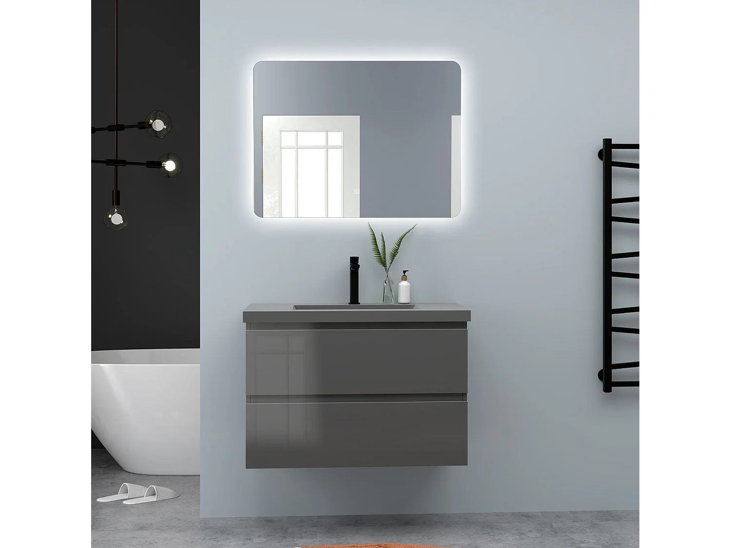 AICA Waschbeckenunterschrank hängend 80cm Dunkelgrau Mineralguss-Waschbecken mit Unterschrank - Hochglanz Dunkelgrau - CINIC